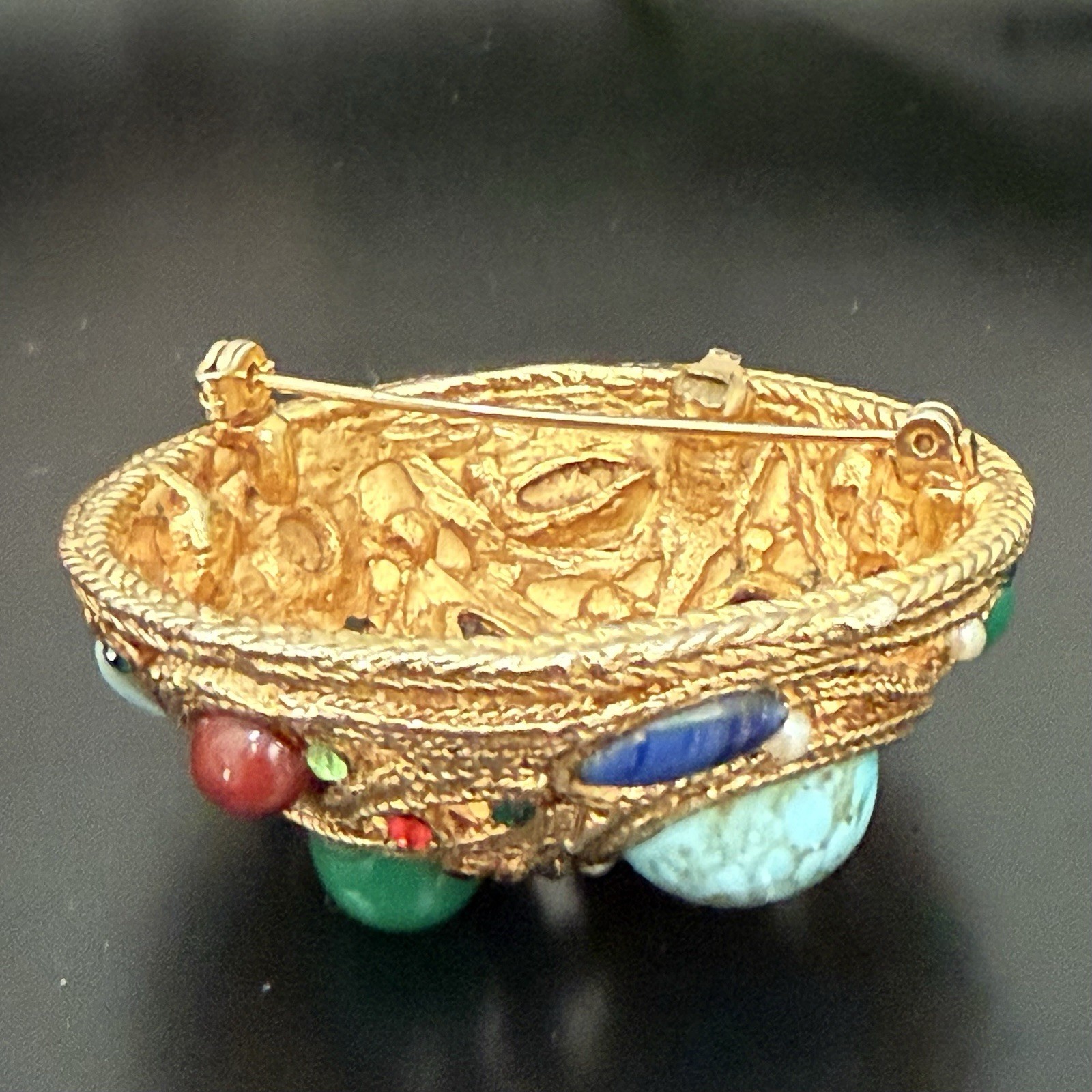 Vintage La Roca Style Multicolor Bejeweled Gemstones Gold-tone Dome Brooch 44g.