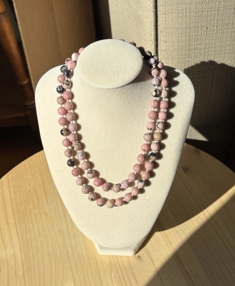 Vintage Pink/Black Rhodonite 8mm Beaded 30” Necklace Hand Knotted Silk No Clasp