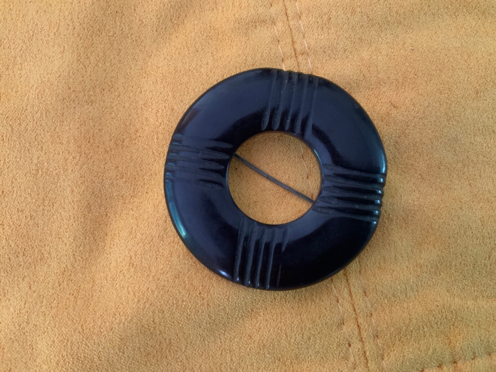 Vintage Bakelite Black Carved Circle Pin- Almost 2” Diameter