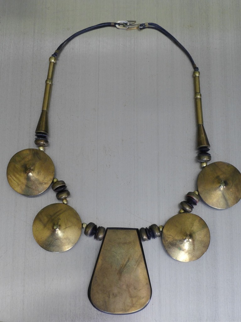 Estate Vintage Large Metal /Resin/Leather Cord Statement BOHO Tribal Necklace