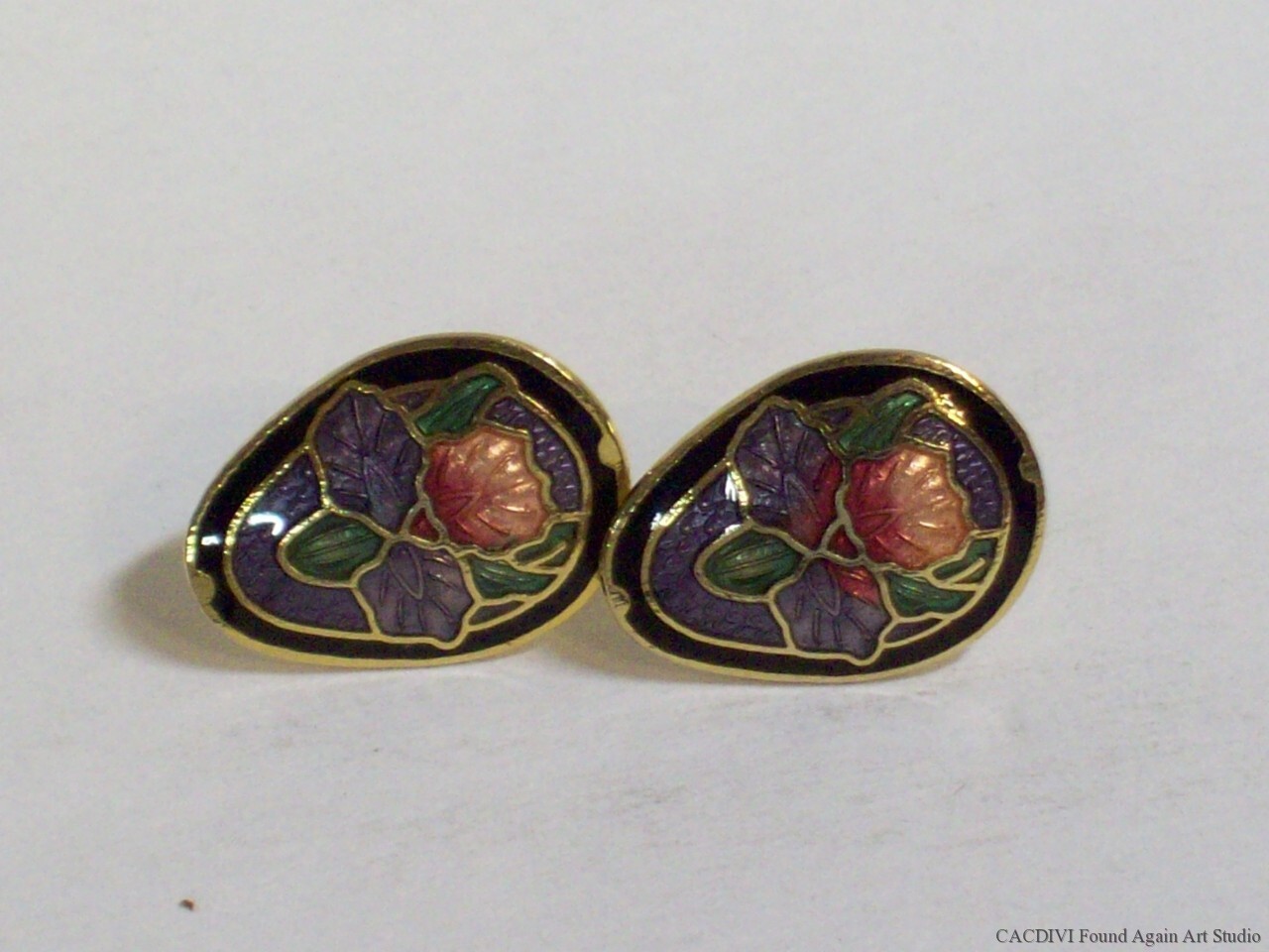 Retro Enamel Orchid Earrings Small Purple Pink Multi Color Cloisonne Flowers Vtg