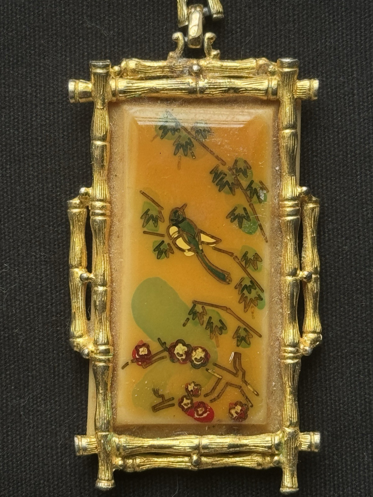 Vintage Necklace Bamboo Frame Asian Gold Tone Bird Floral Souvenir 2 3/4” H