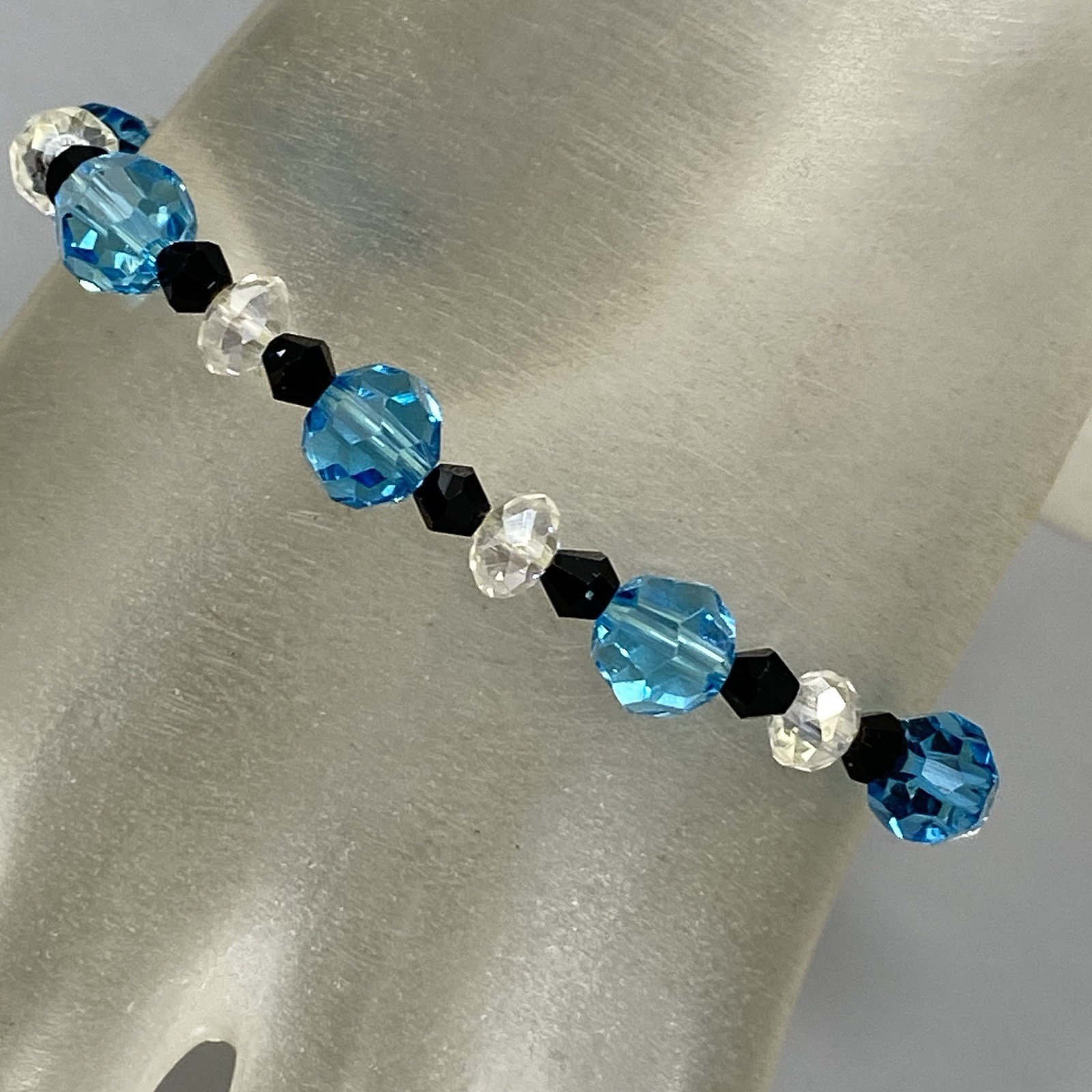 Blue Glass Beaded Bracelet Clear Black Faceted Fire Polished Stretch Elastic 7″