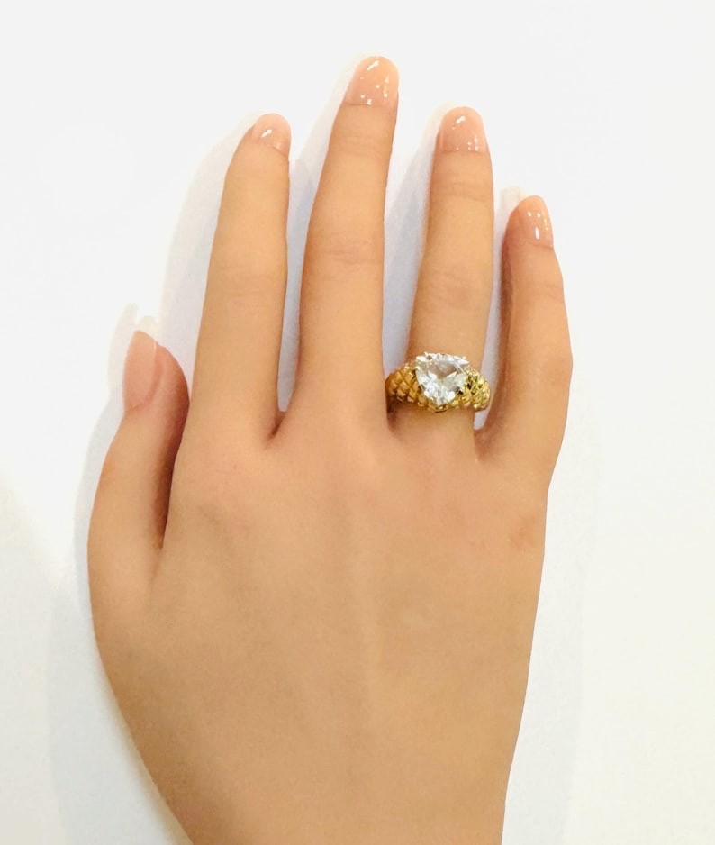 3ct 1980s Solid 10k Yellow Gold Trillion Natural White Quartz Statement Ring 7.5