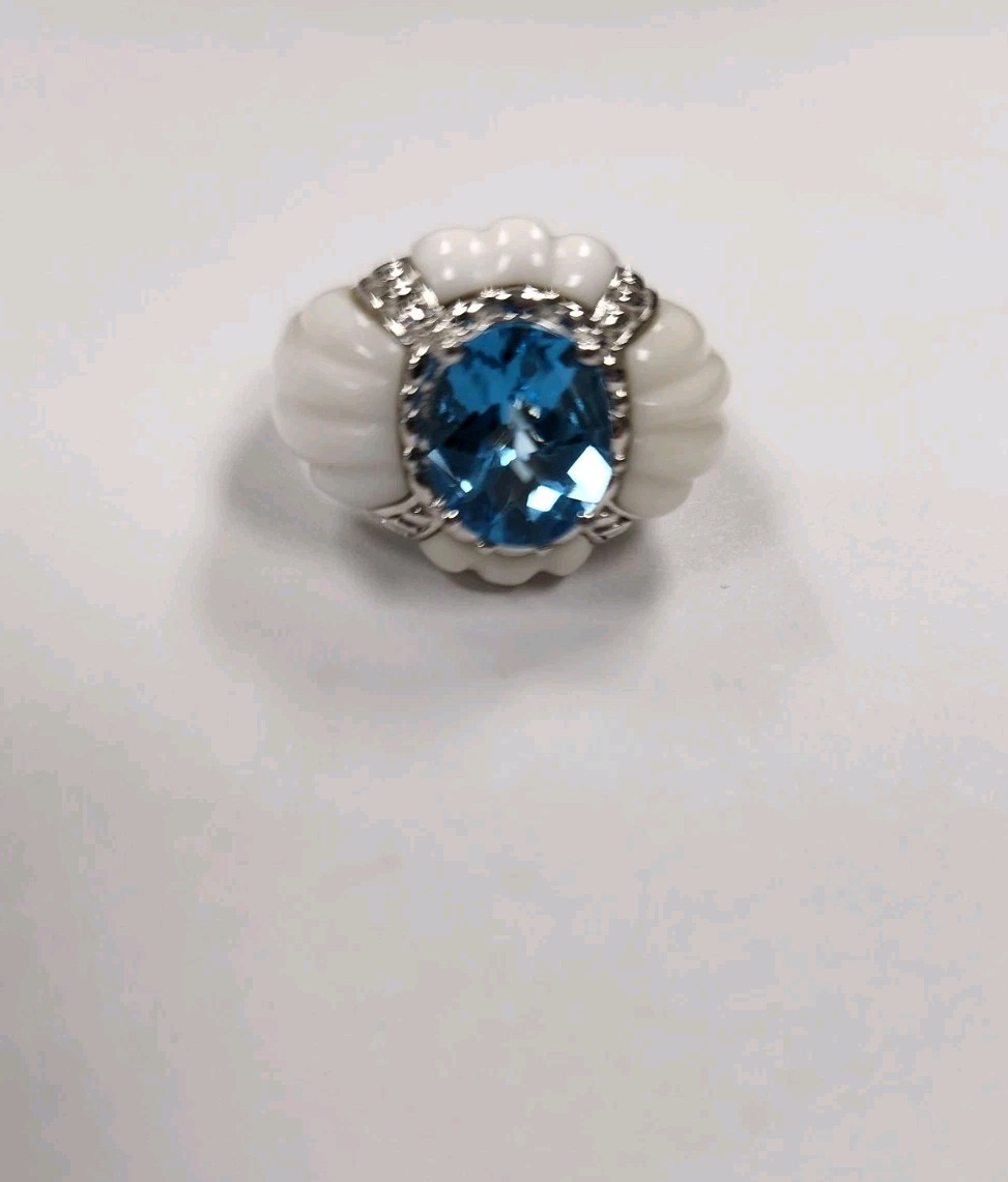Unique Sterling Silver Ring w. Oval Blue Topaz Setting: White Howlite #3393