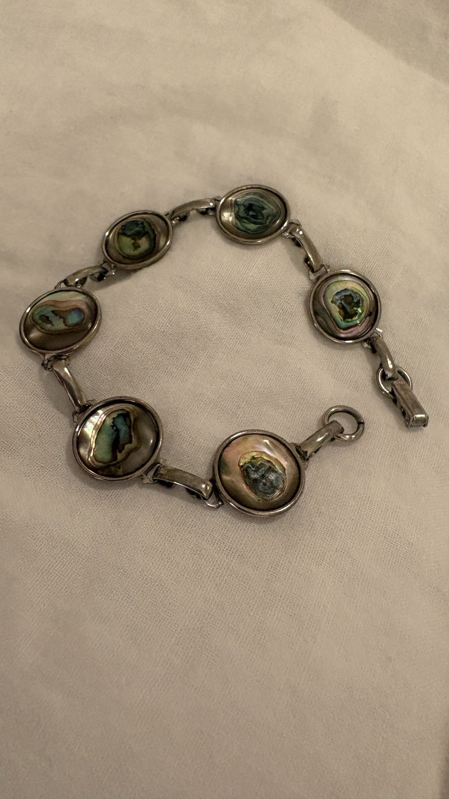 Vintage Hoffman Abalone Shell Link Bracelet Iridescent Paua Silver Tone 7.78”