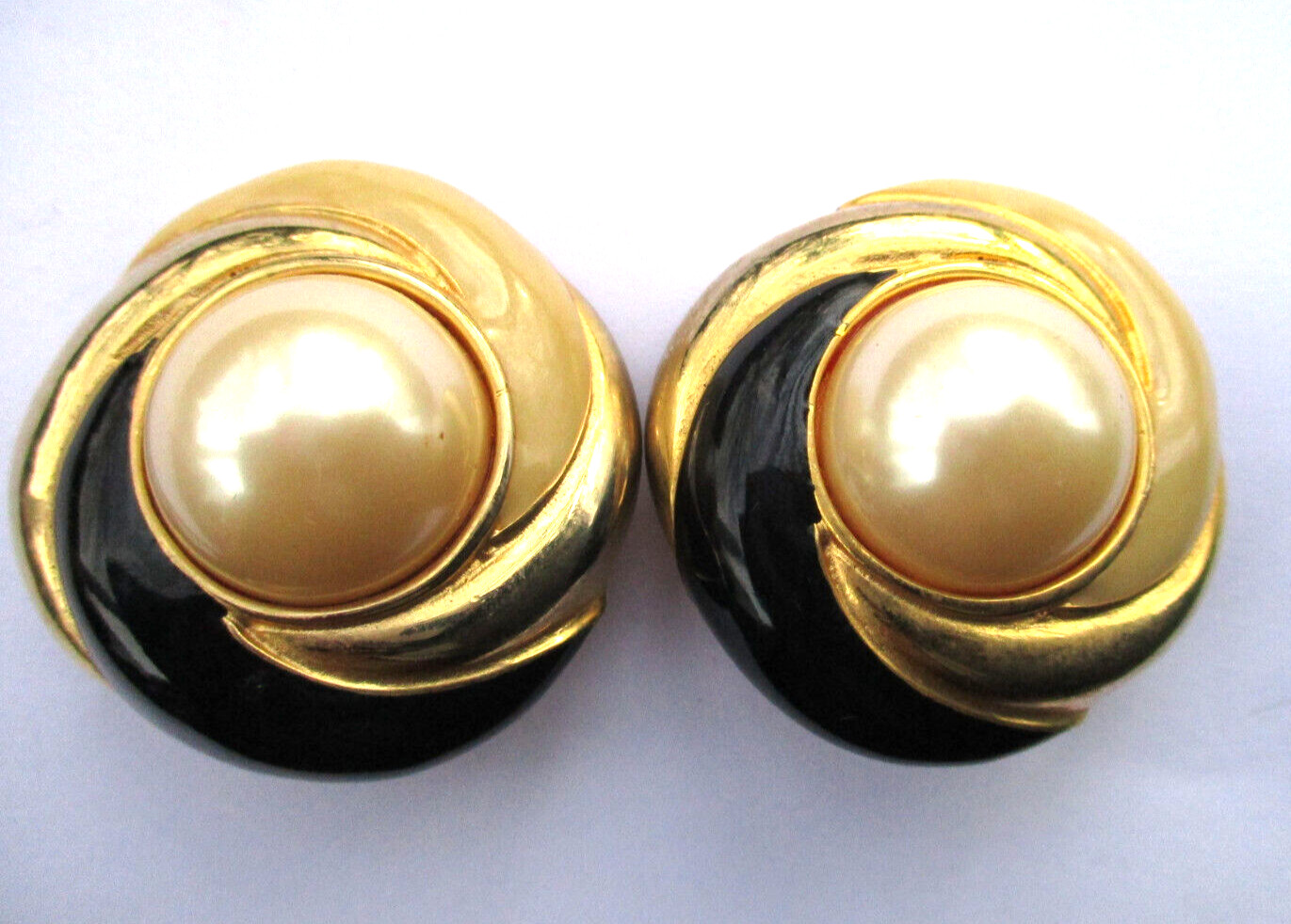 Gay Boyer Clip On Earrings Cabochon Faux Pearl Metallic and Enamel Swirl Vintage