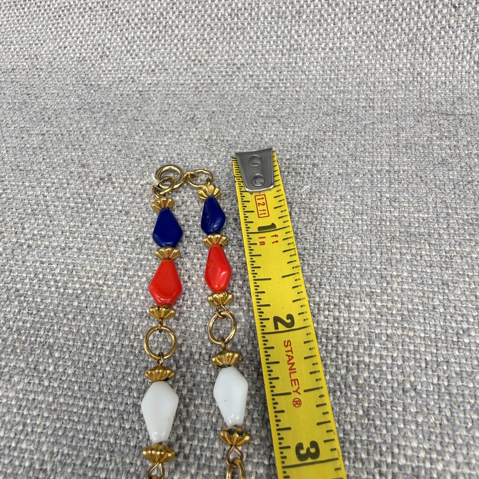 Vintage Necklace Tassel Dangles Red Blue White Acrylic Beads Retro 24 Inches