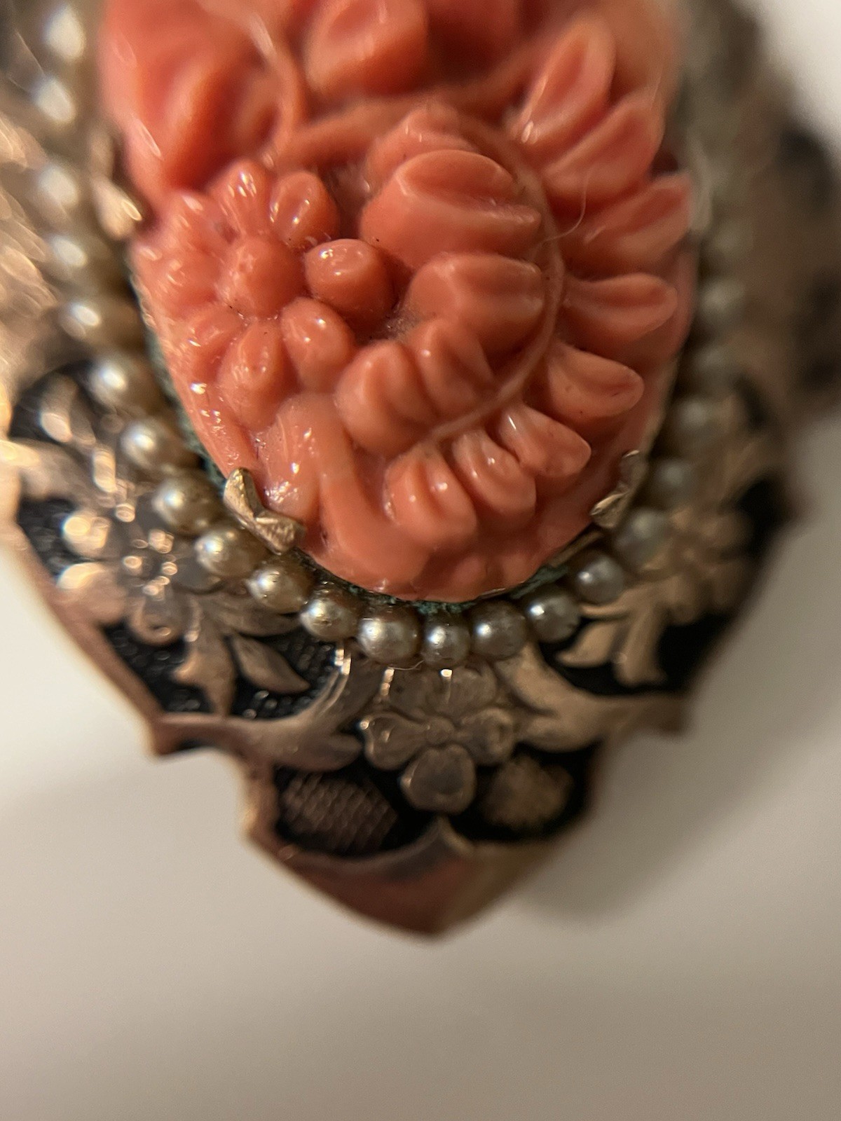 Antique Czechoslovakia Hand-Carved Coral & Pearl Flower Locket Necklace 17.5”