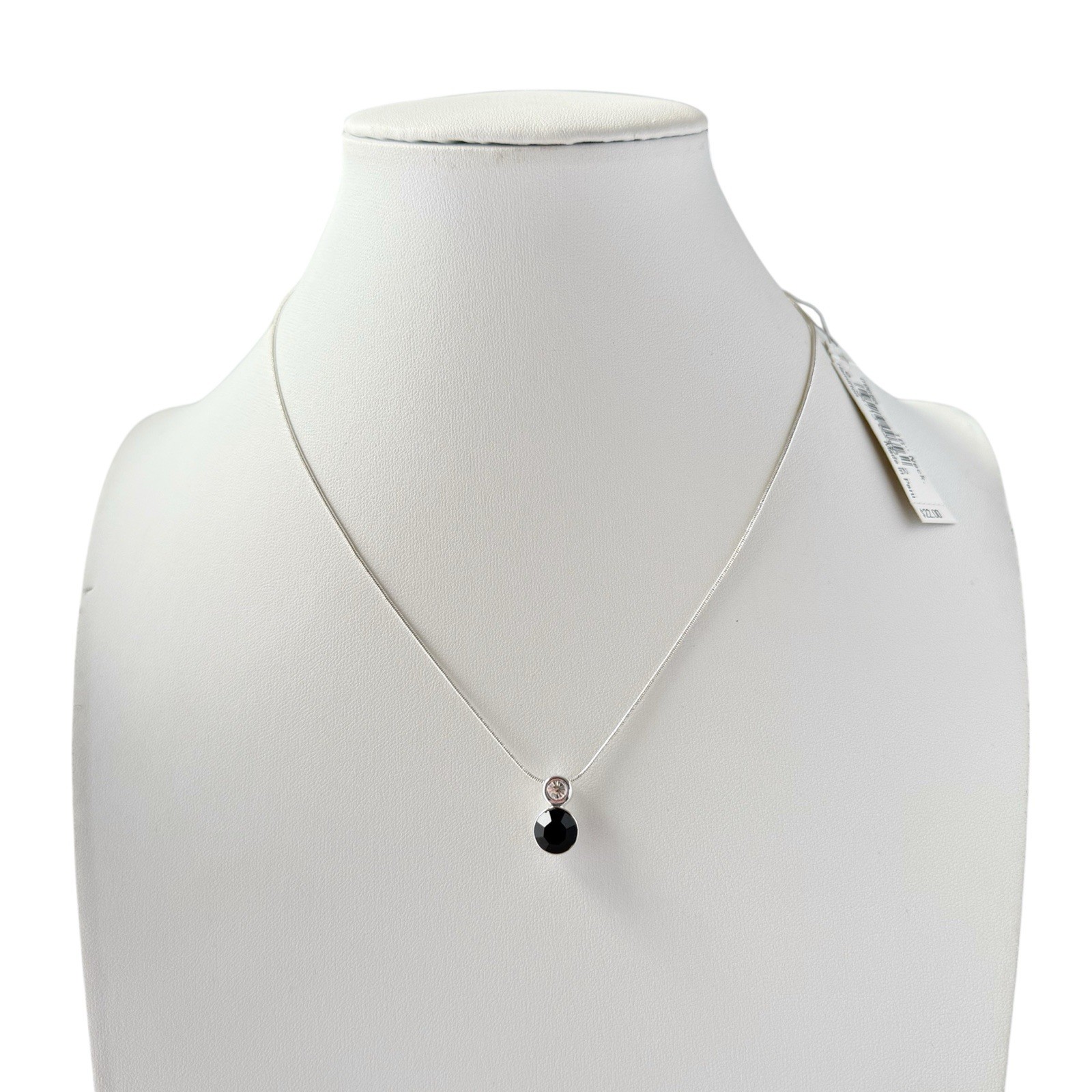 Monet Black Clear Rhinestone Round Pendant Snake Chain Necklace Silvertone