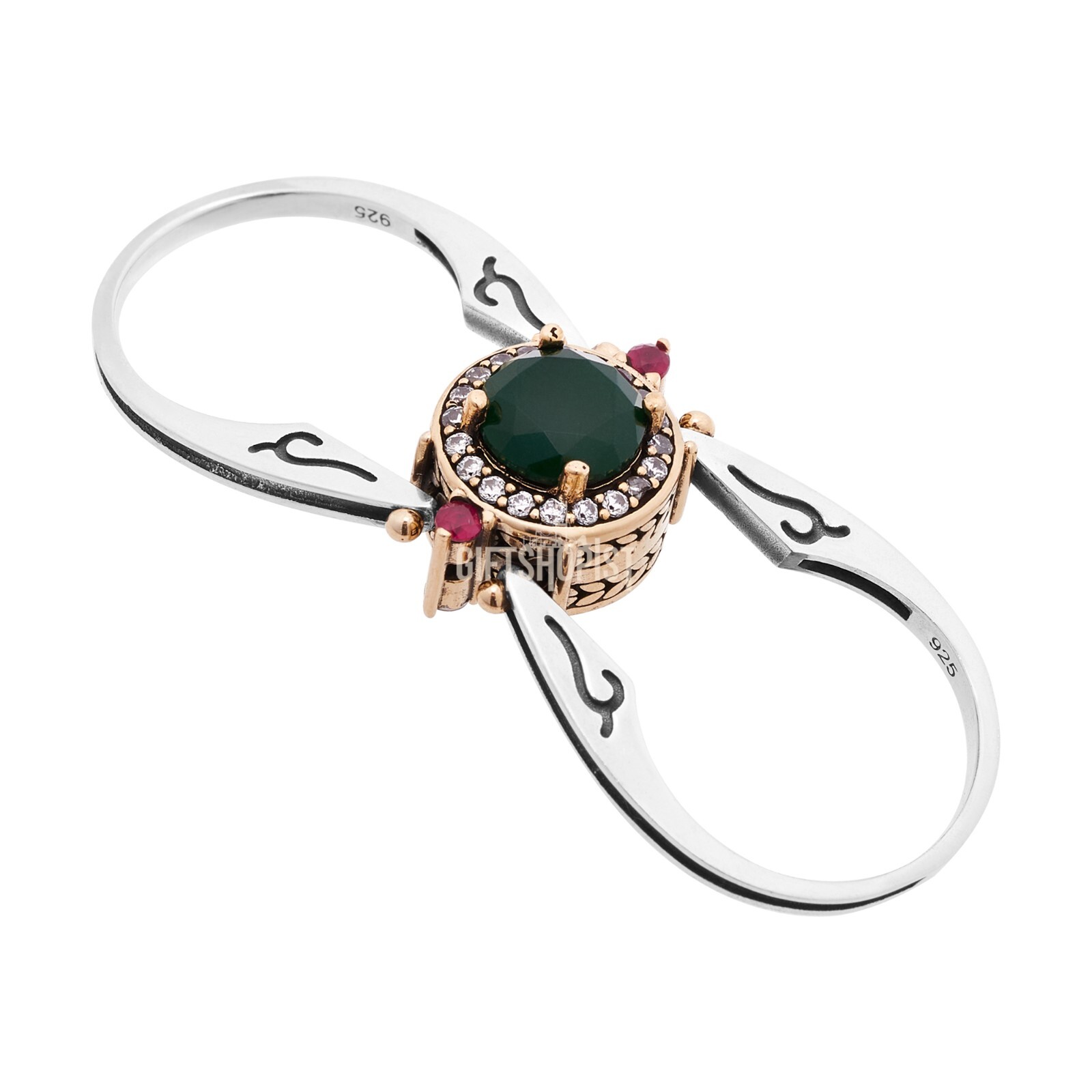 Turkish Reversible Round Emerald and Ruby Topaz 925 Sterling Silver Ring