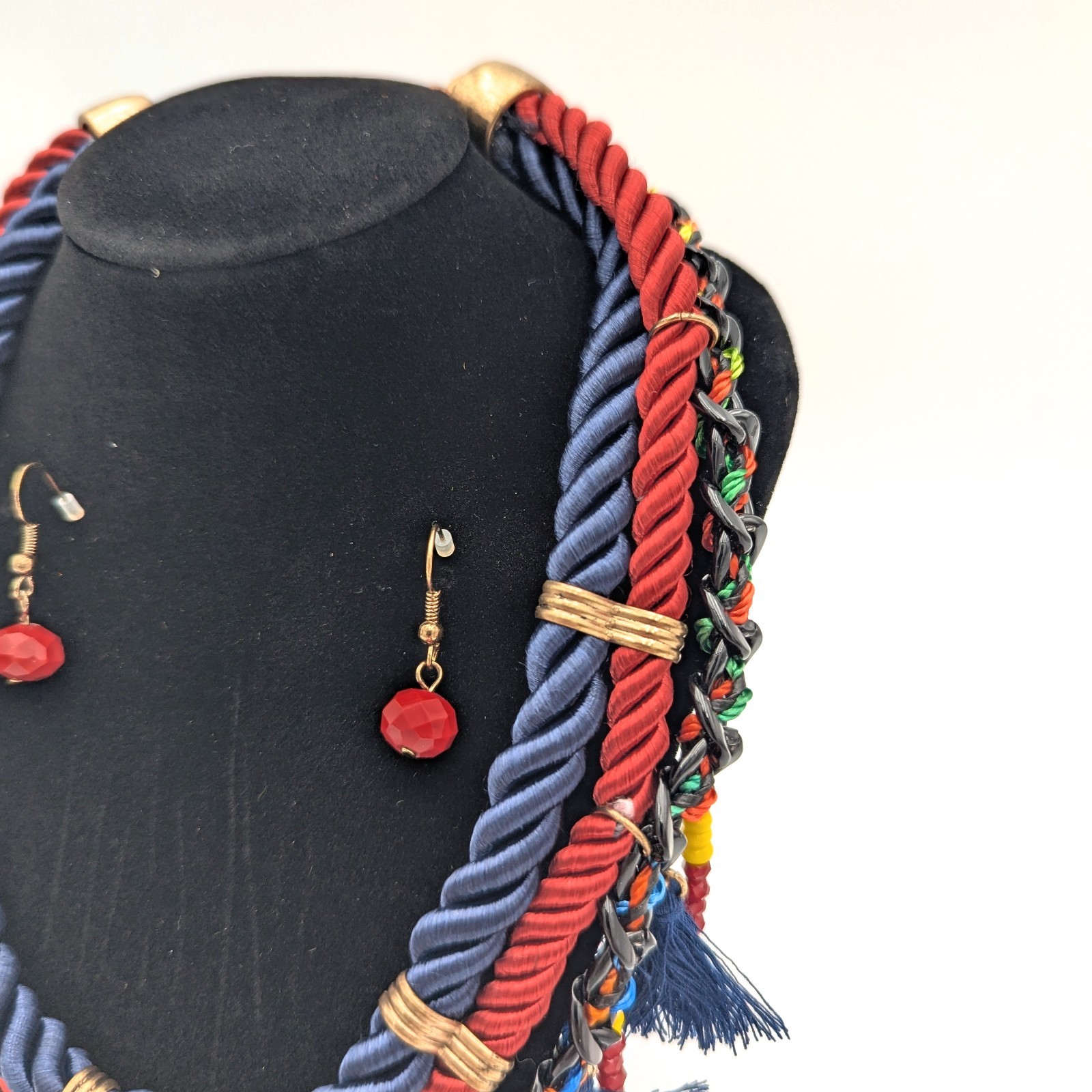 Vintage Victorian Revival Necklace Handmade Fiber Macrame Beaded Fringe Oxblood