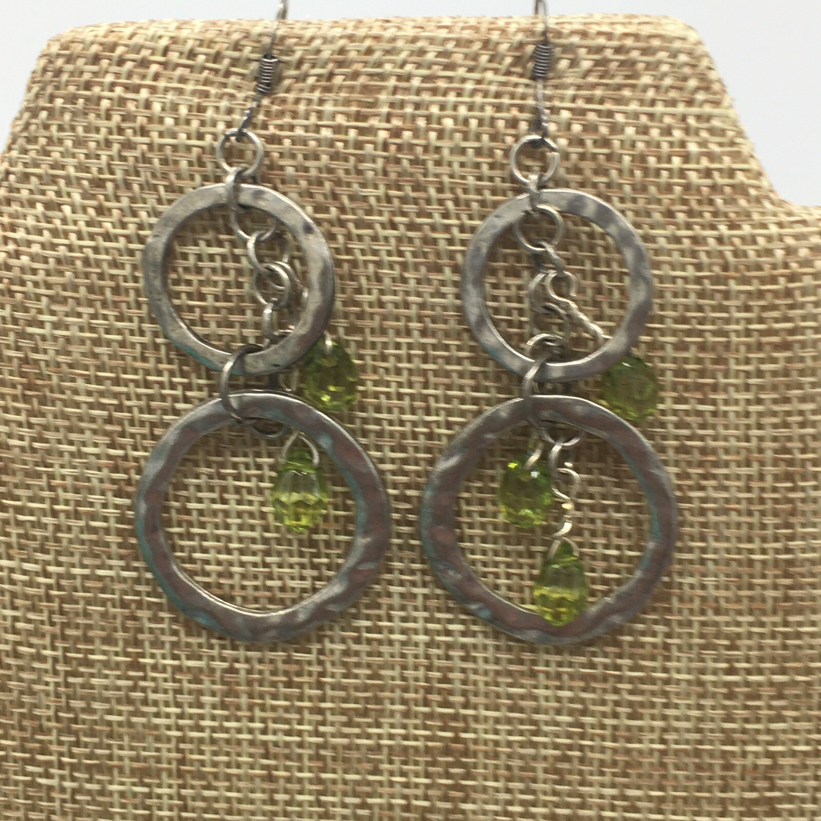 Double Hoop Dangle Fish Hook Earrings With Acrylic Green Beads Approximately 2”