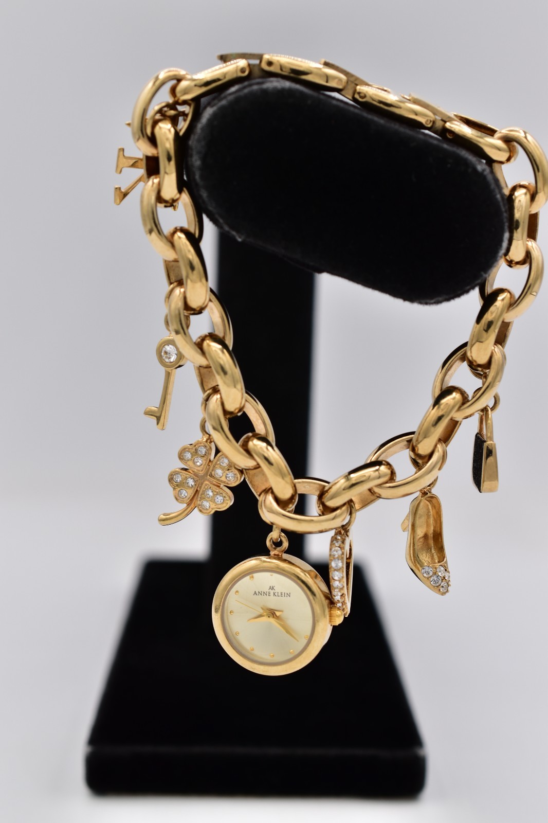 Anne Klein Gold Watch Charm Bracelet Heart Shoe Purse Clover AK Crystal BinAD