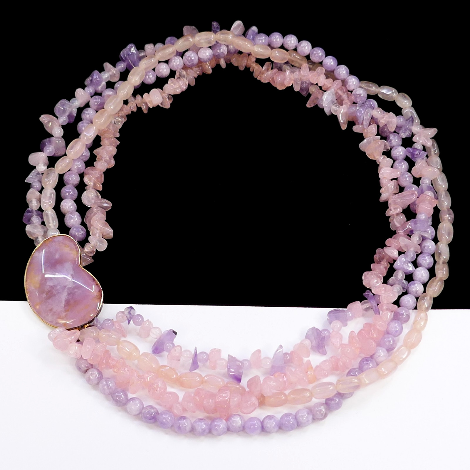 MULTISTRAND AMETHYST ROSE PINK QUARTZ GEMSTONE CHIP TORSADE BEAD NECKLACE