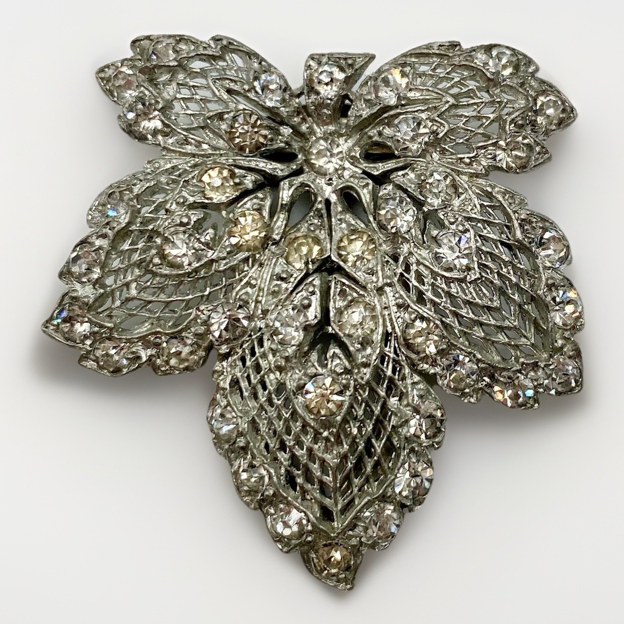 Vintage Rhinestone Dress Clip Leaf Fur Clip Silver Tone Filigree Bridal Brooch
