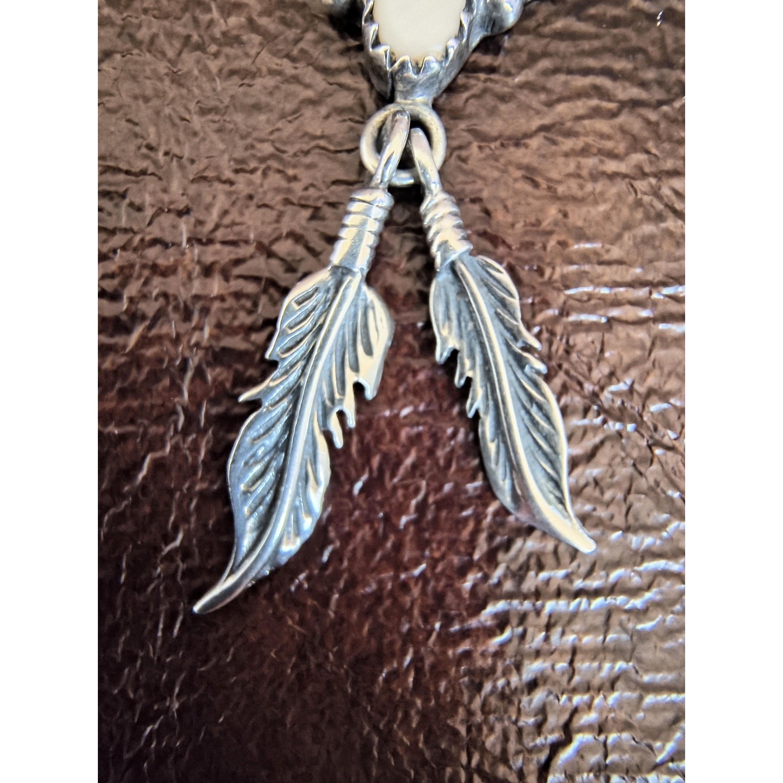 Vintage Sterling Silver Mother of Pearl Feather Pendant Necklace 925 Chain