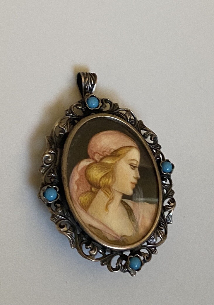 Vintage 800 Silver Filigree Blue Glass Hand Painted Portrait Brooch or Pendant