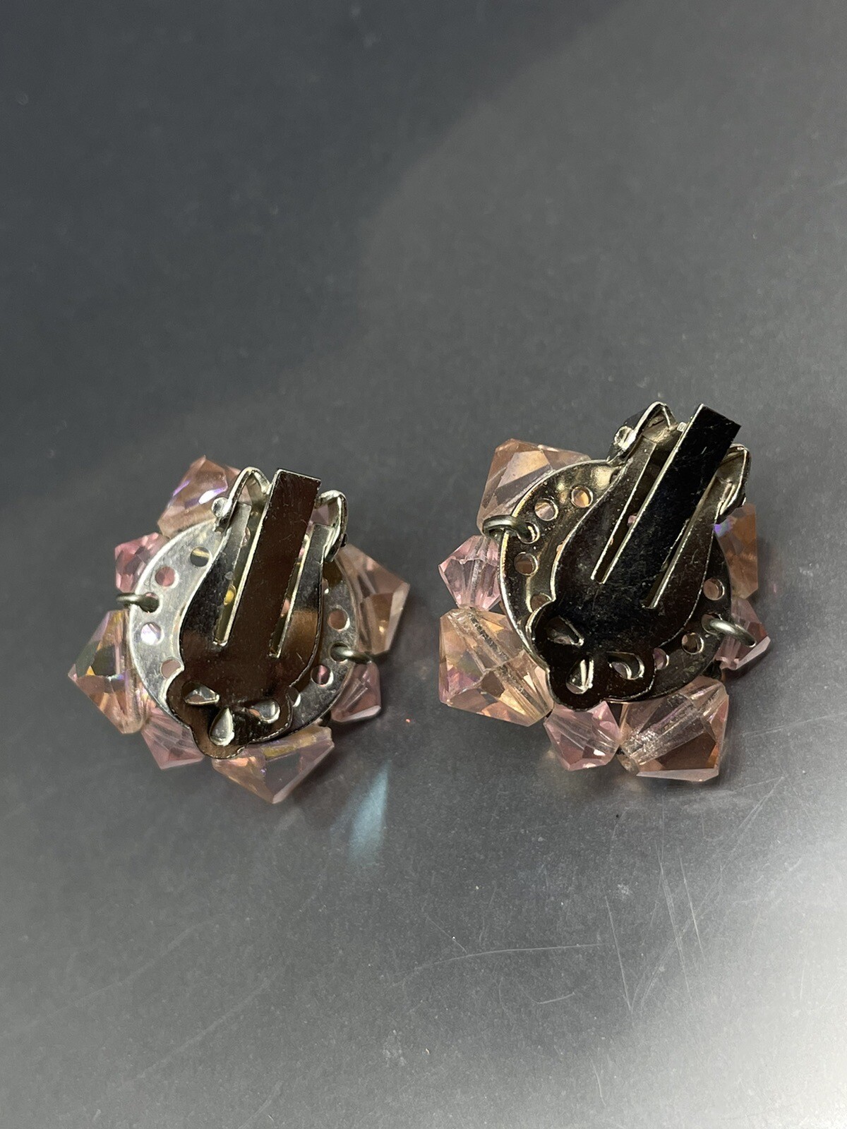Vintage Pink Aurora Borealis Bicone Beads Cluster 0.75” Square Clip On Earrings