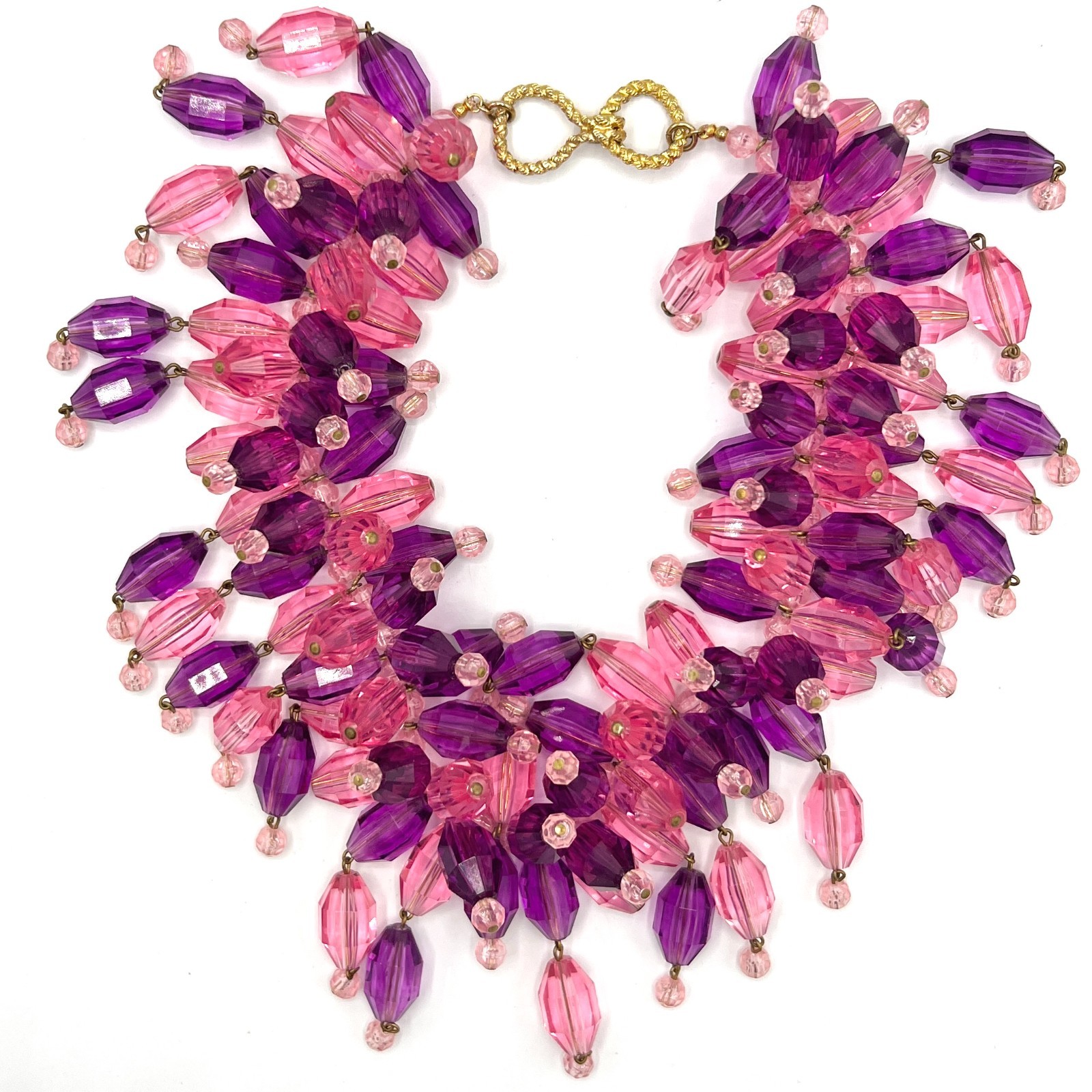 Vintage Pink Purple Faceted Bead Bib Necklace 1960s Cha Cha Fringe Necklace