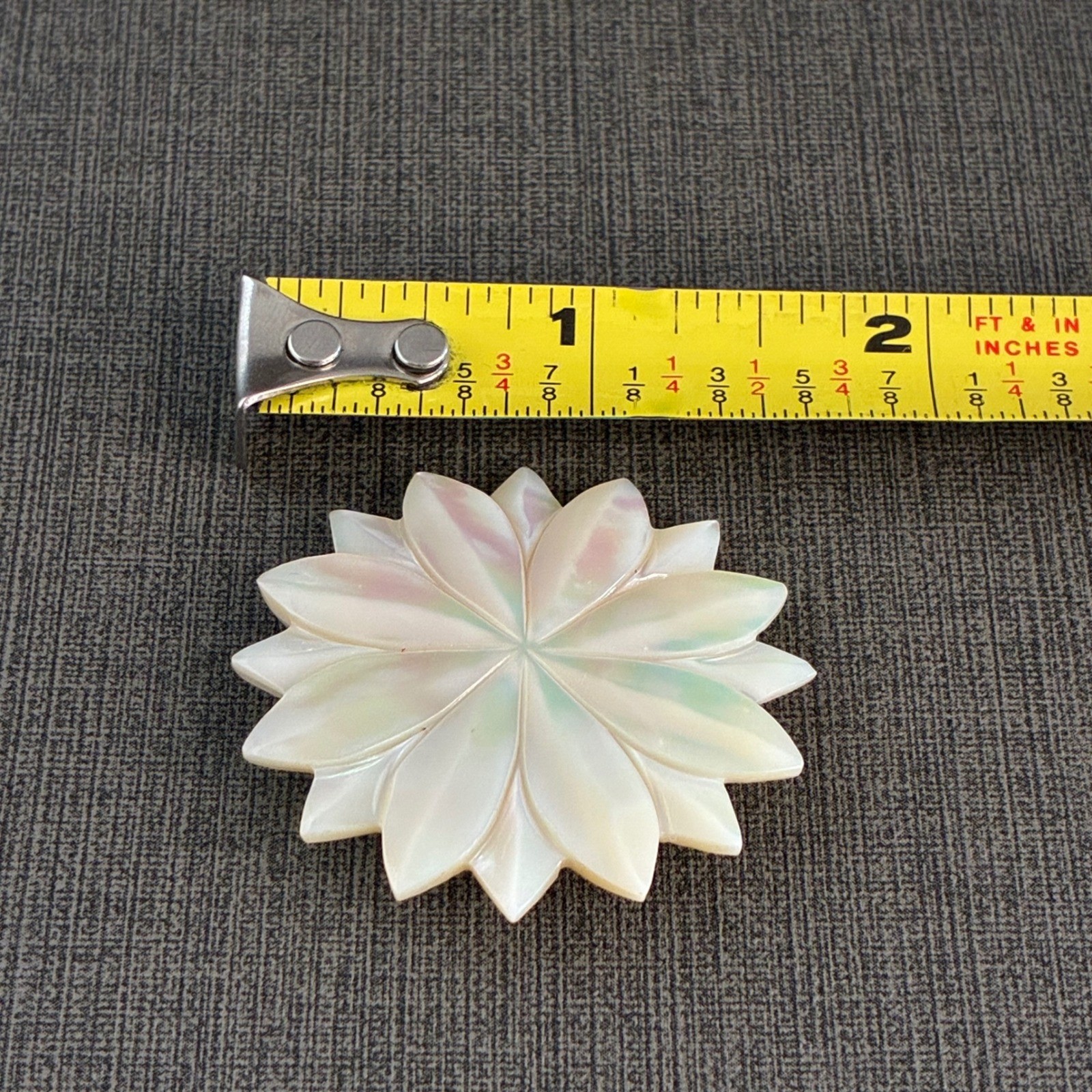 Vintage Mother Of Pearl Flower Brooch Carved Floral Iridescent Shell Pin 1.6″