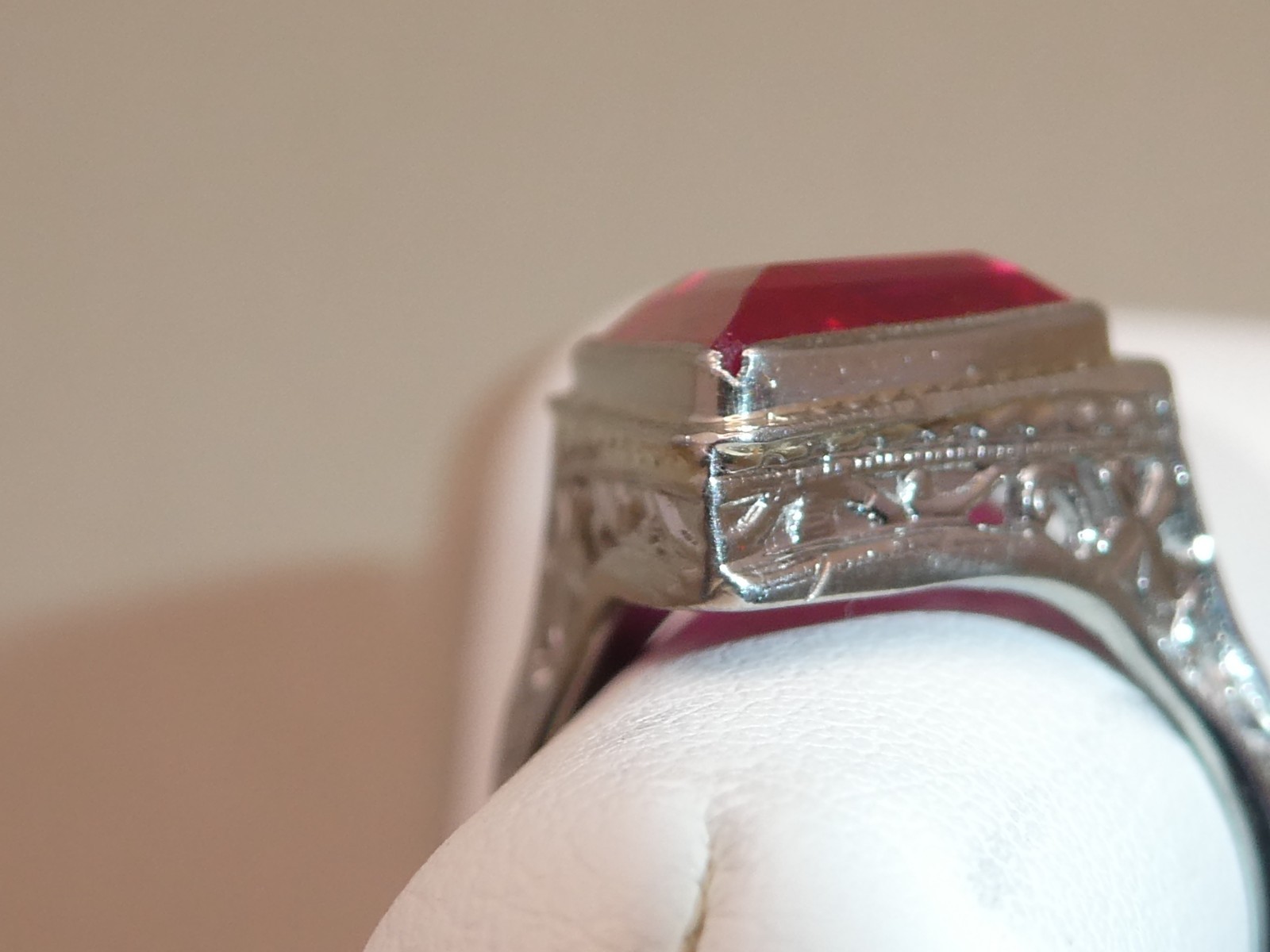 Antique Lozenge Shape of Period Syn. Ruby 18k Filigree Ring Size 5.5. 5.8g L59