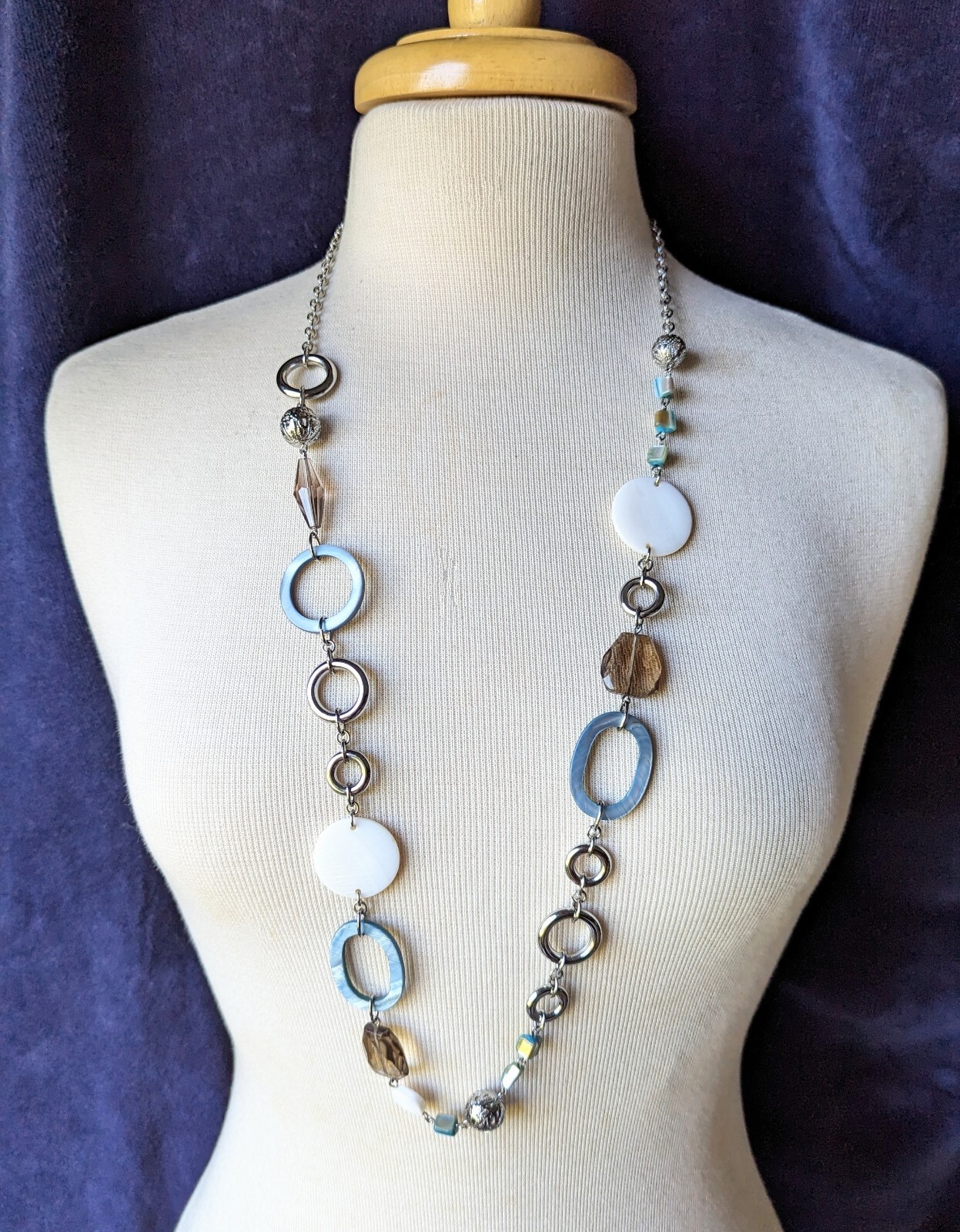 LIA SOPHIA Silver Tone Necklace 36″ + Blue Shell Circle Brown Smokey Glass Beads