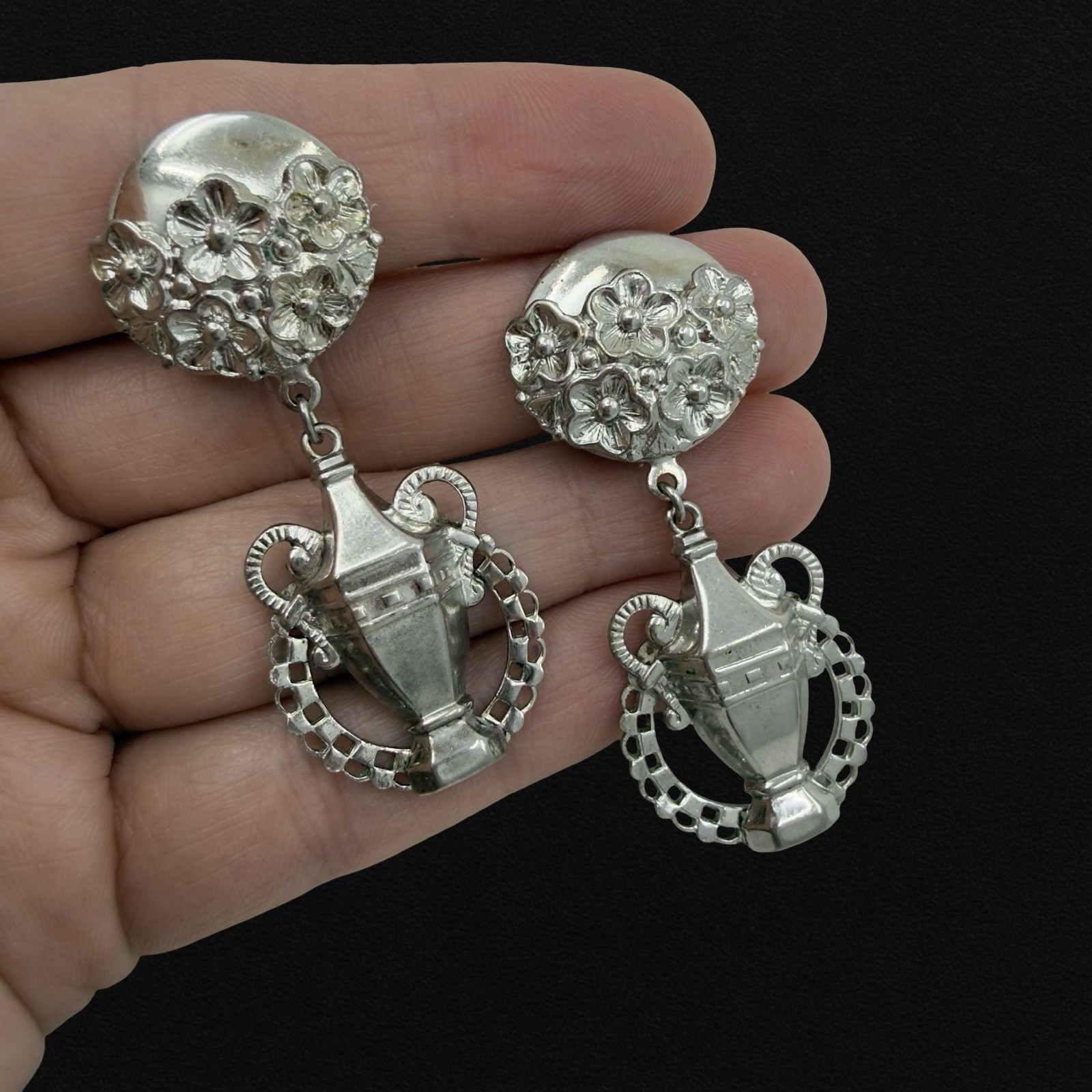 Vintage 🖤 EGYPTIAN REVIVAL 🖤 Silver Floral URN GREEK GODDESS Dangle Earrings