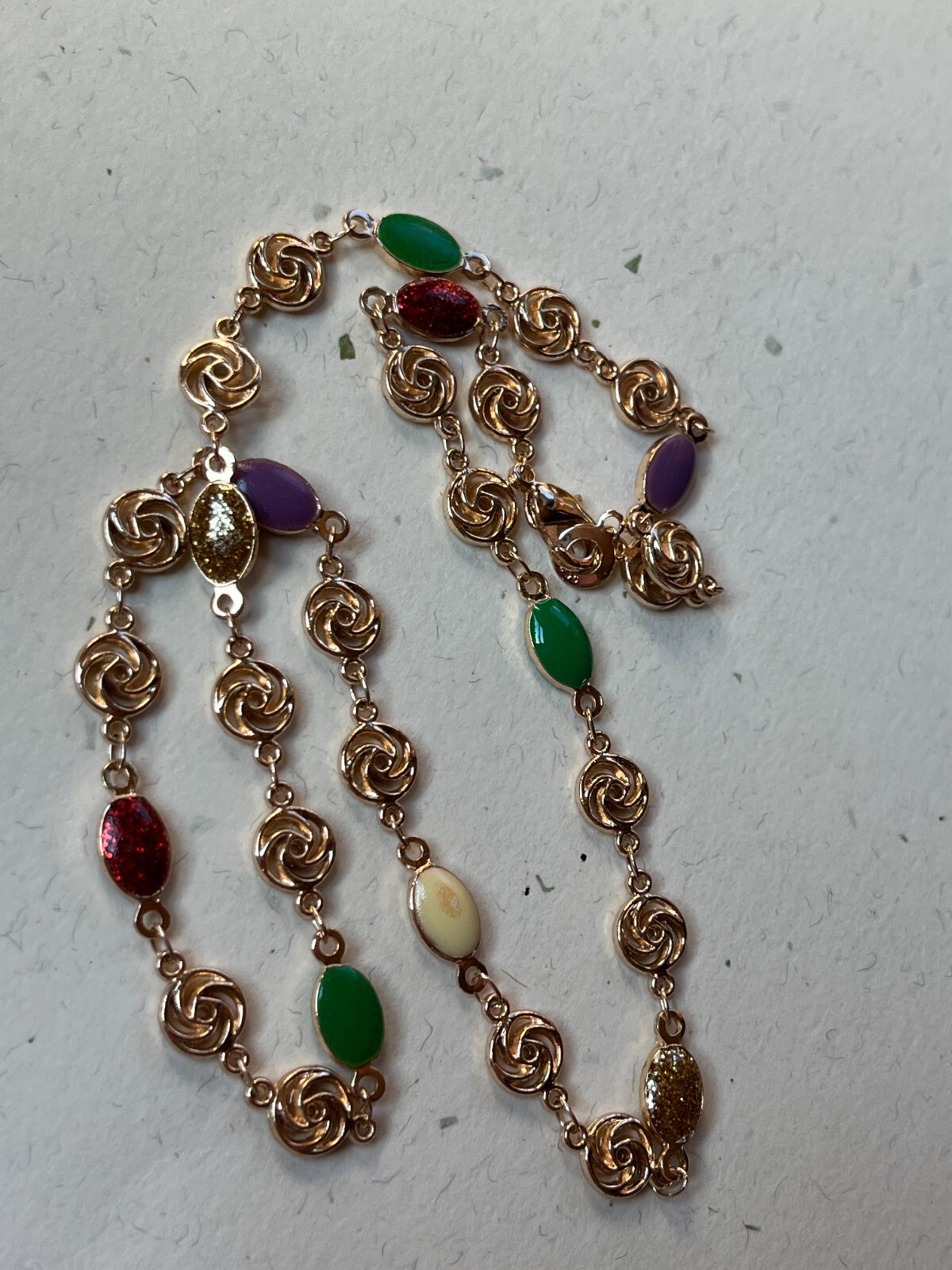 Small Goldtone Rose Flower w Red Green Cream Purple Enamel Oval Link Necklace –