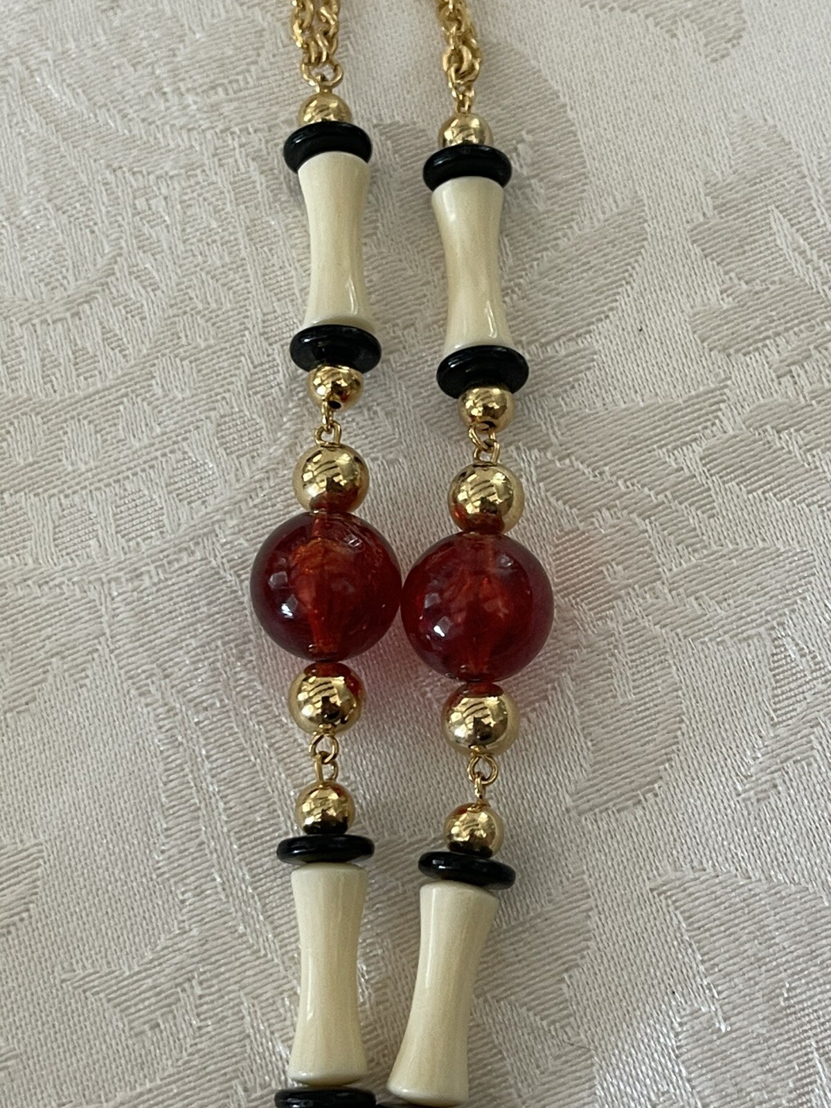 Vintage 24” Gold Tone Black, Cream & Amber Colored Beads Necklace