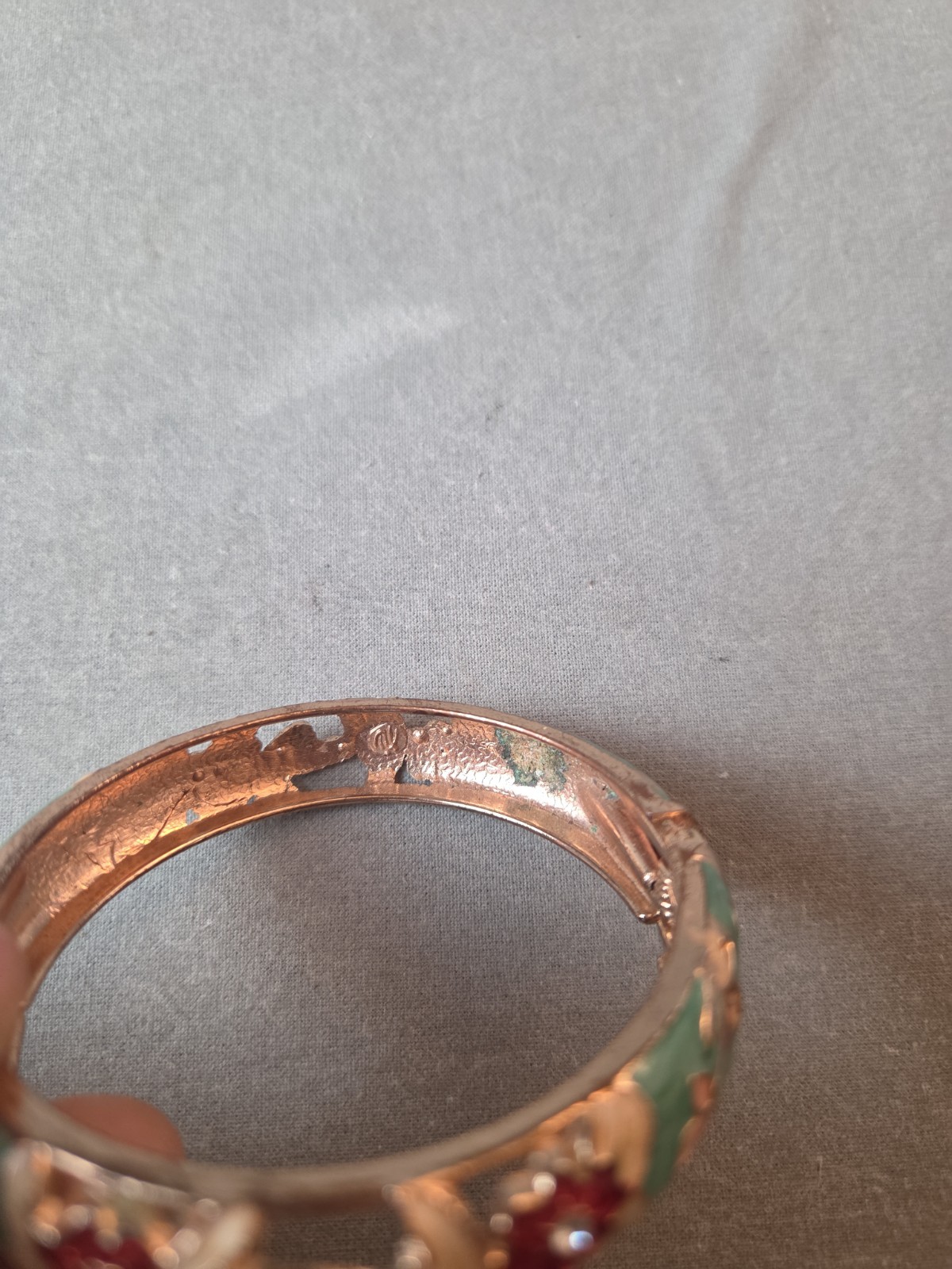 Signed UJOY Cloisonné Hinged Bracelet With Open Work Design Teal & Floral