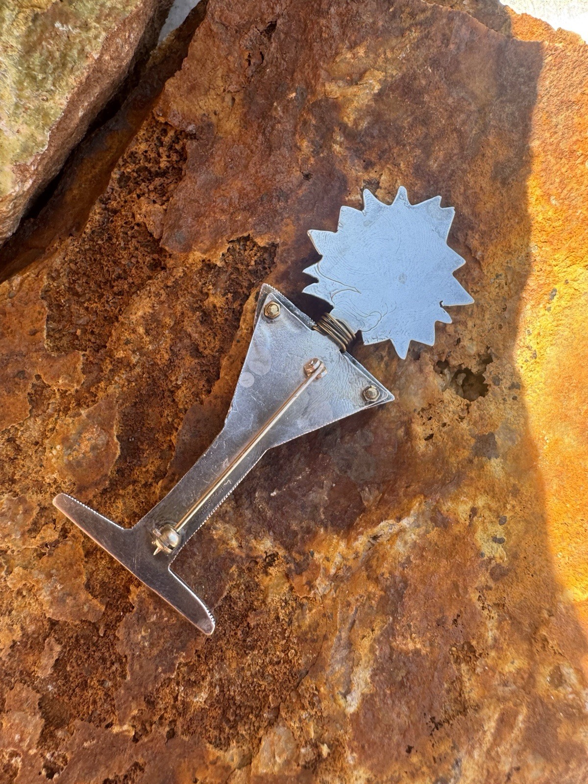 Sterling Silver Artisan Brooch, Mixed Metals Signed 15 Grams 3 1/4”