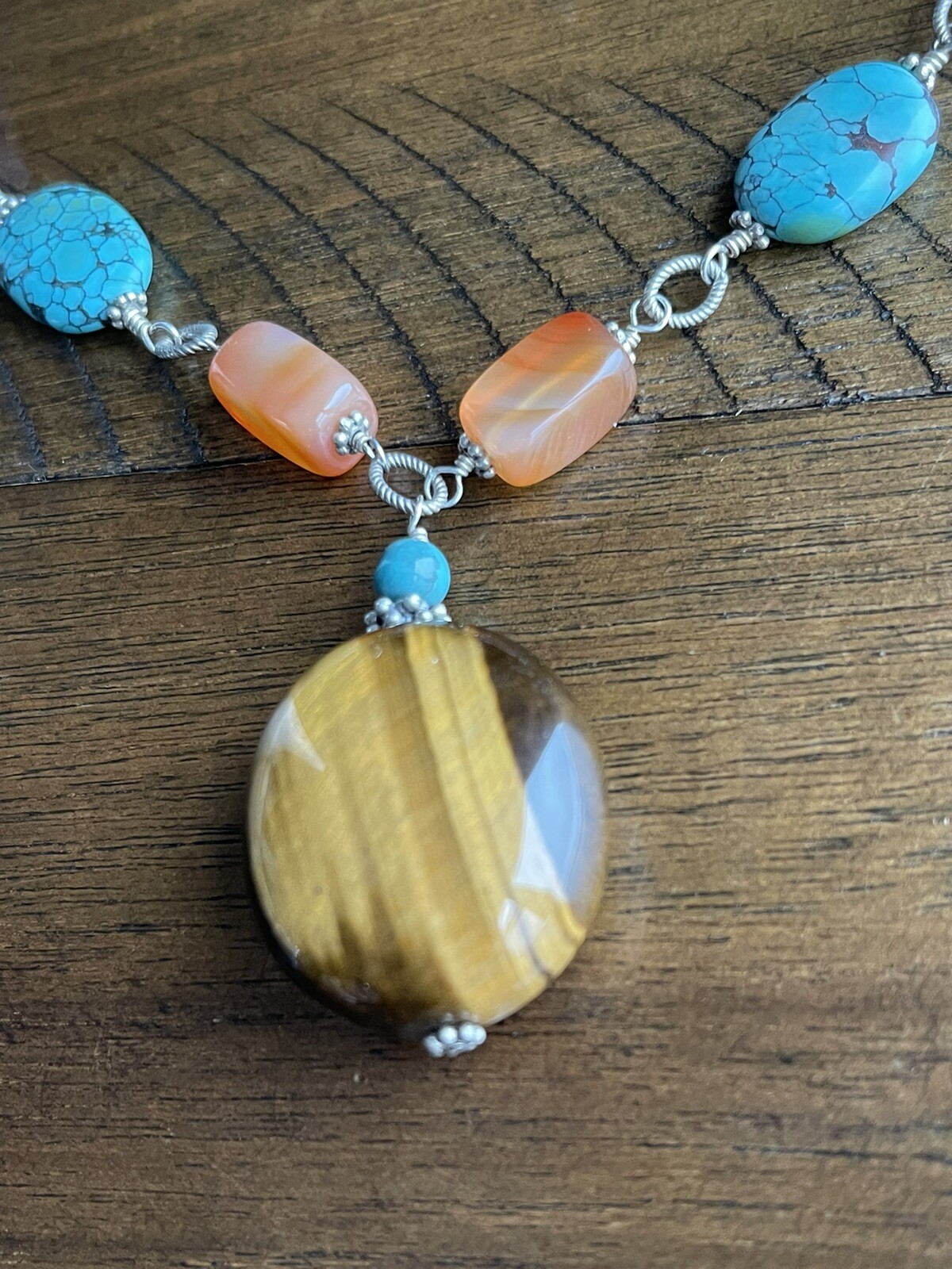 Sally C Treaures SX 925 Silver Multi Stones Tiger’s Eye Pendant Necklace