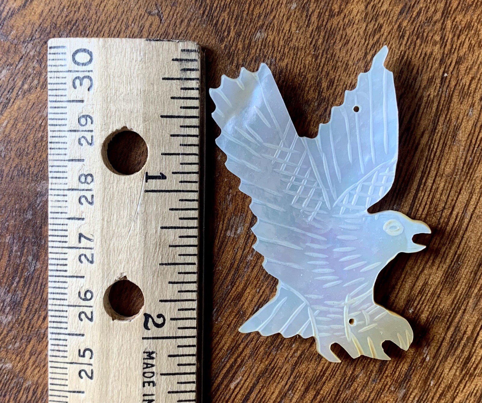 Vintage Carved Mother of Pearl Soaring White Eagle Bird Fetish Pendant 2” x 1.5”