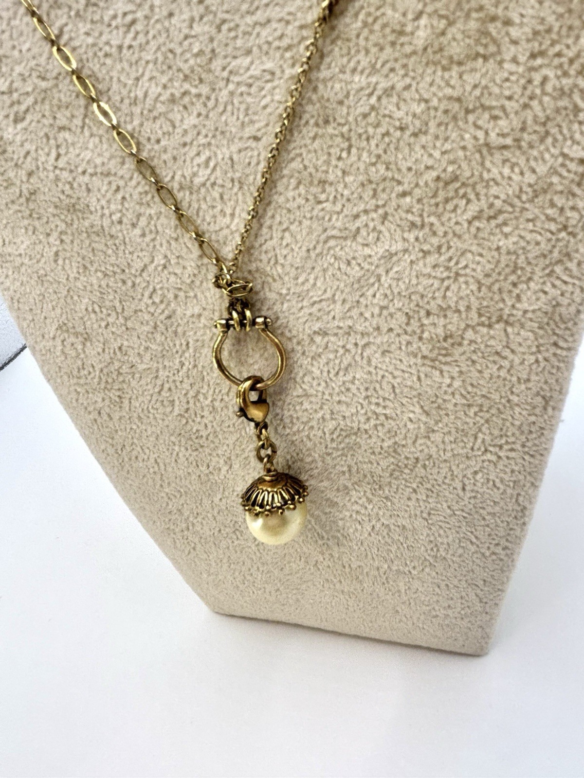 Danish Design Pearl Charm Holder Necklace 24-30″ Antique Brass Stations