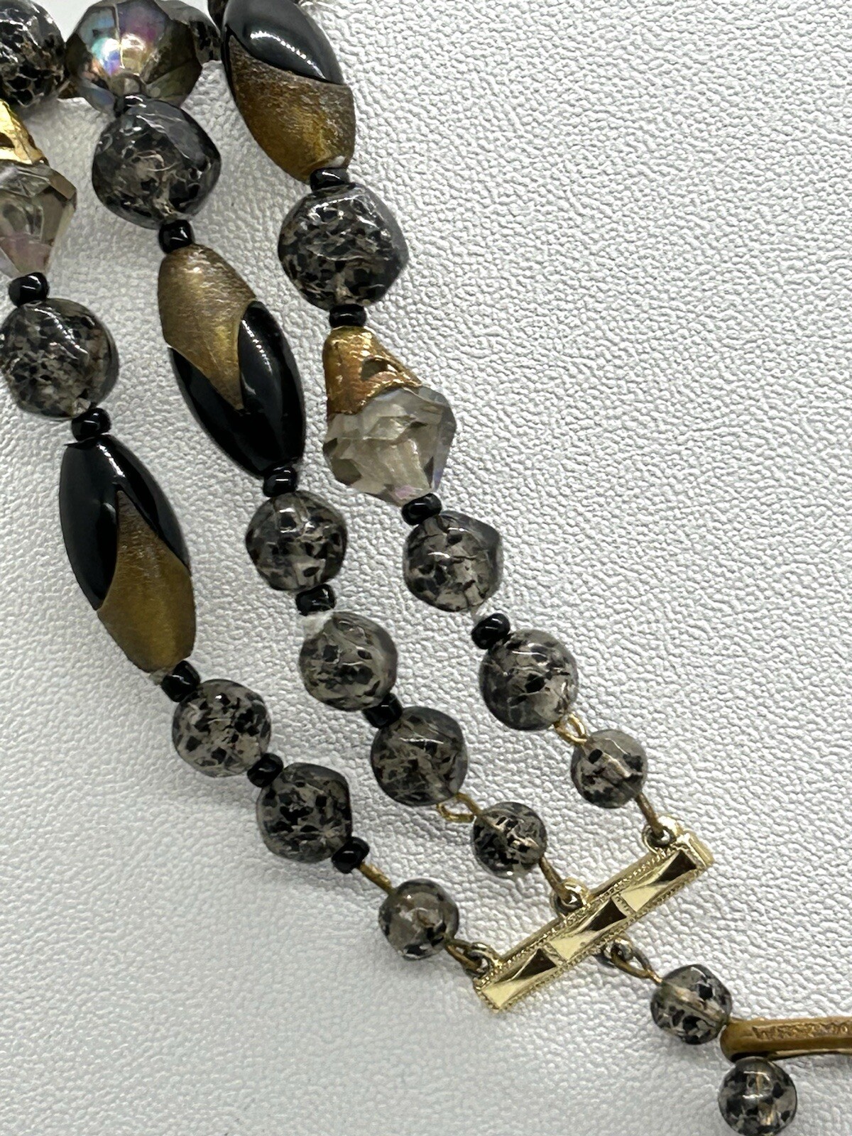 Vintage W.Germany 3 Strand Black And Gold Tone Beads Necklace Adjustable 15-17in