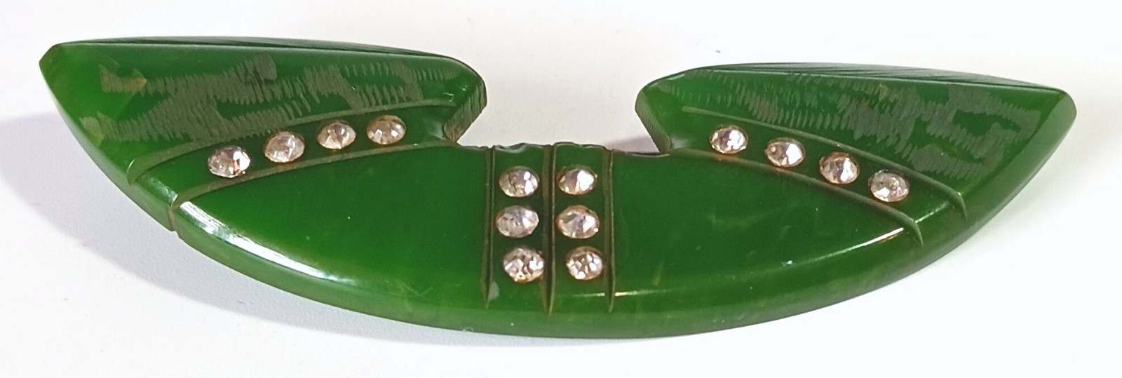 Vintage Art Deco Dark Green Bakelite Brooch w/ White Rhinestone Lines