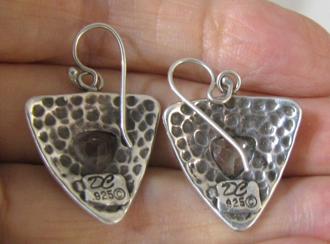 Vintage Sterling Silver Trillion Blue Topaz Tribal Shield Earrings Signed DC 925