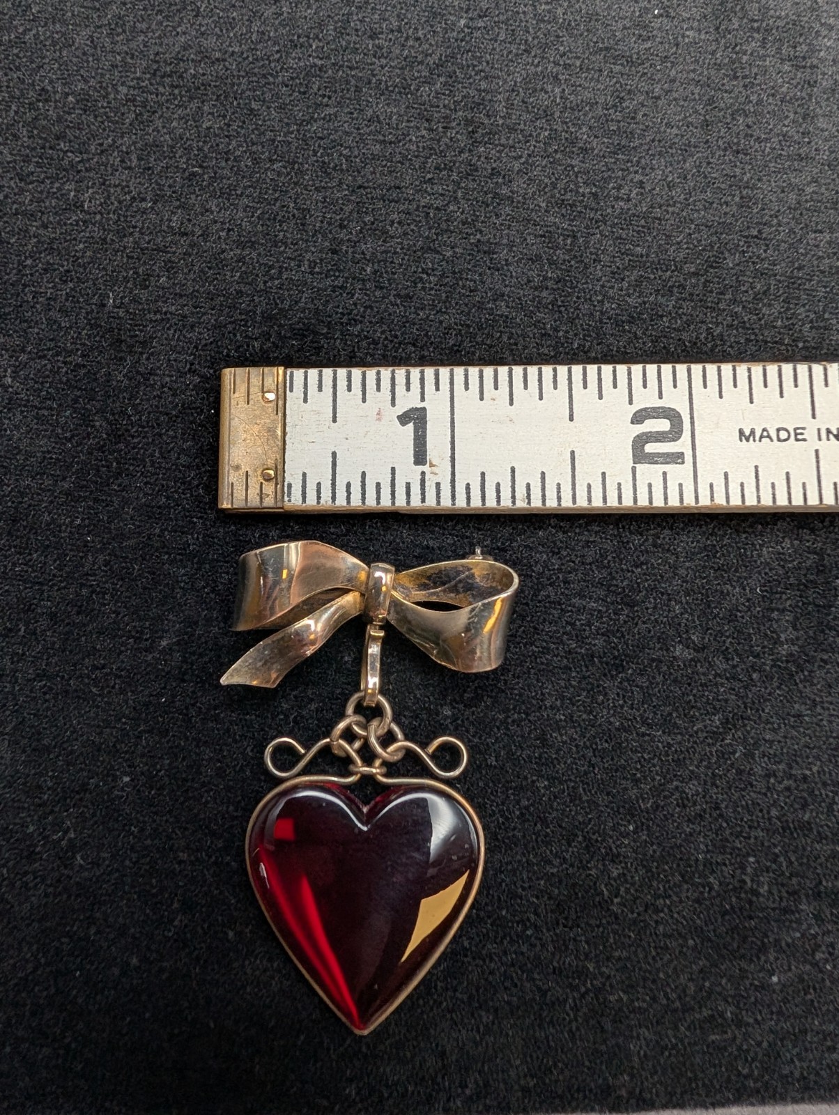 Beautiful Vintage Brooch/Pin Bow w/ Red Heart Pendant 1/20 12K GP Over Silver