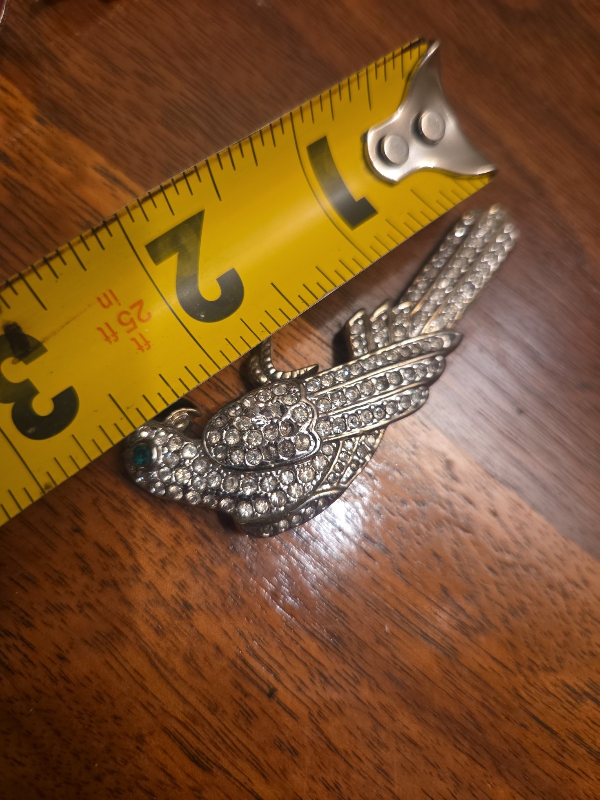 Vintage Rhinestone Parrot Bird Brooch Silver Tone Green Eye