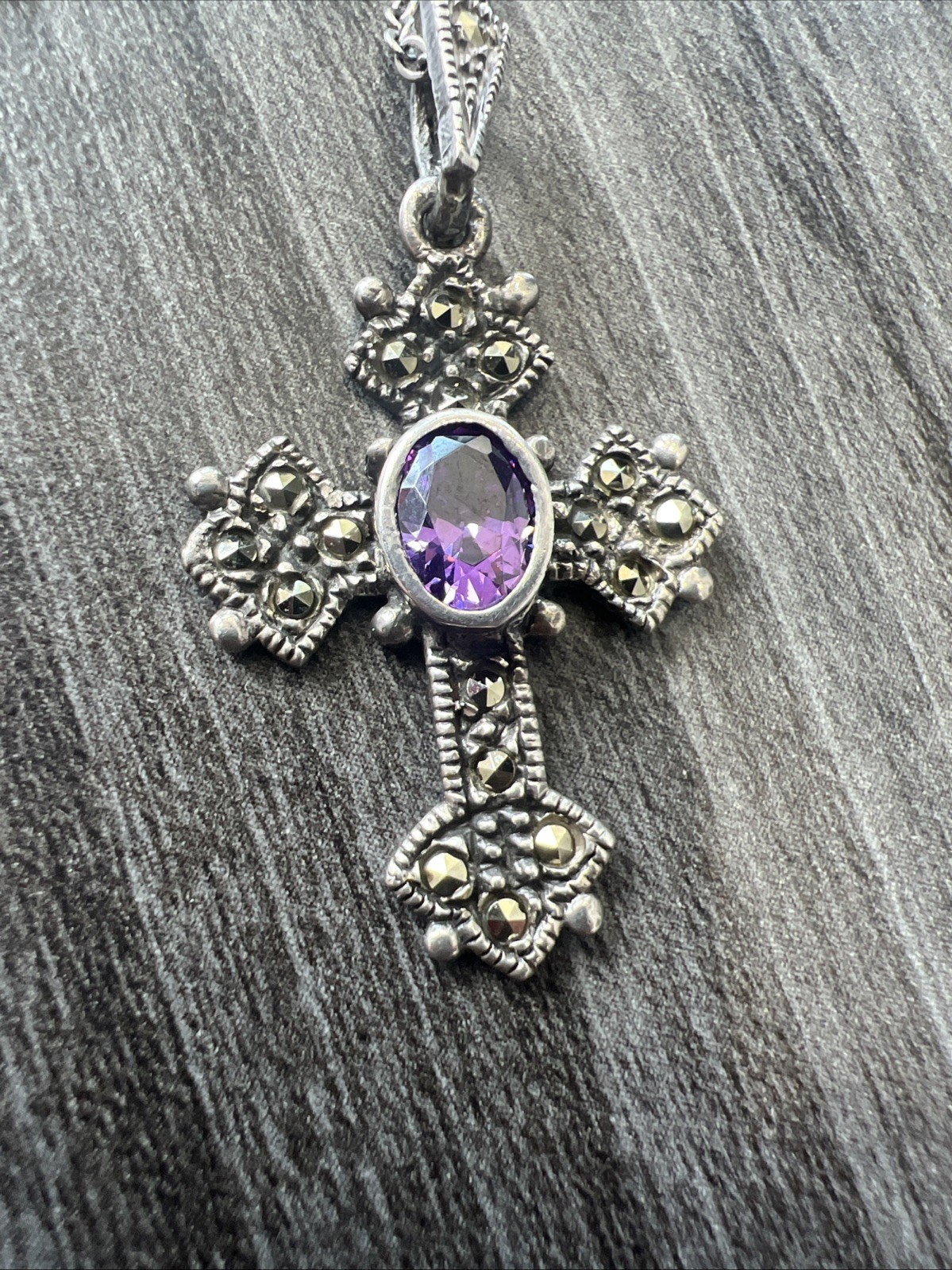 Vintage Signed CW Sterling Silver 925 Amethyst Marcasite Cross Pendant Necklace