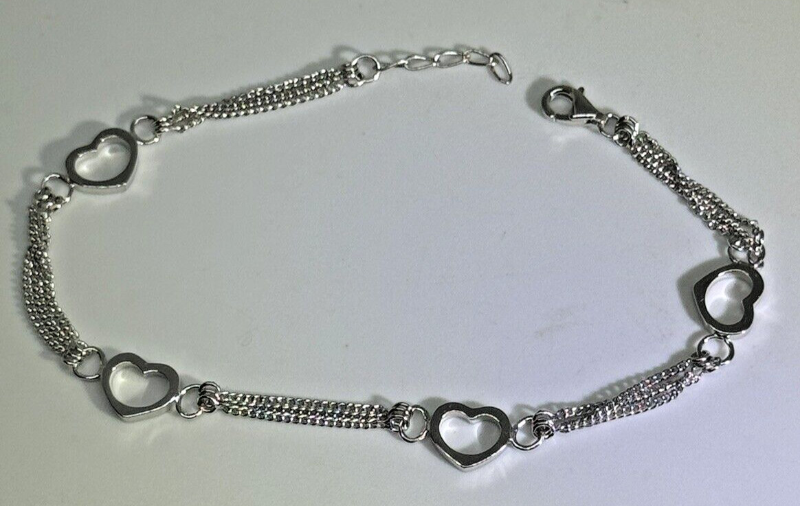 Vintage HSN N CN 925 Silver Open Hearts Bracelet 7&7/8″ 14k White Gold Overlay