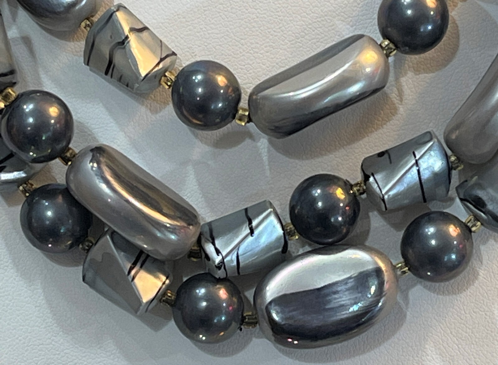 Vintage Hong Kong Marbled Gray Beads Different Shapes Multi Strand Necklace