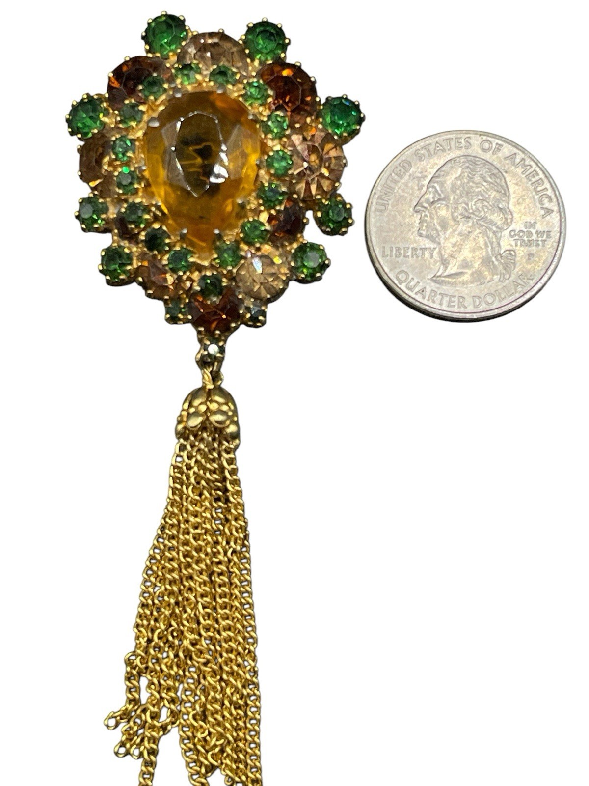 Vintage Domed Tassel Prong Set Austrian Crystal Brooch Gold Toned