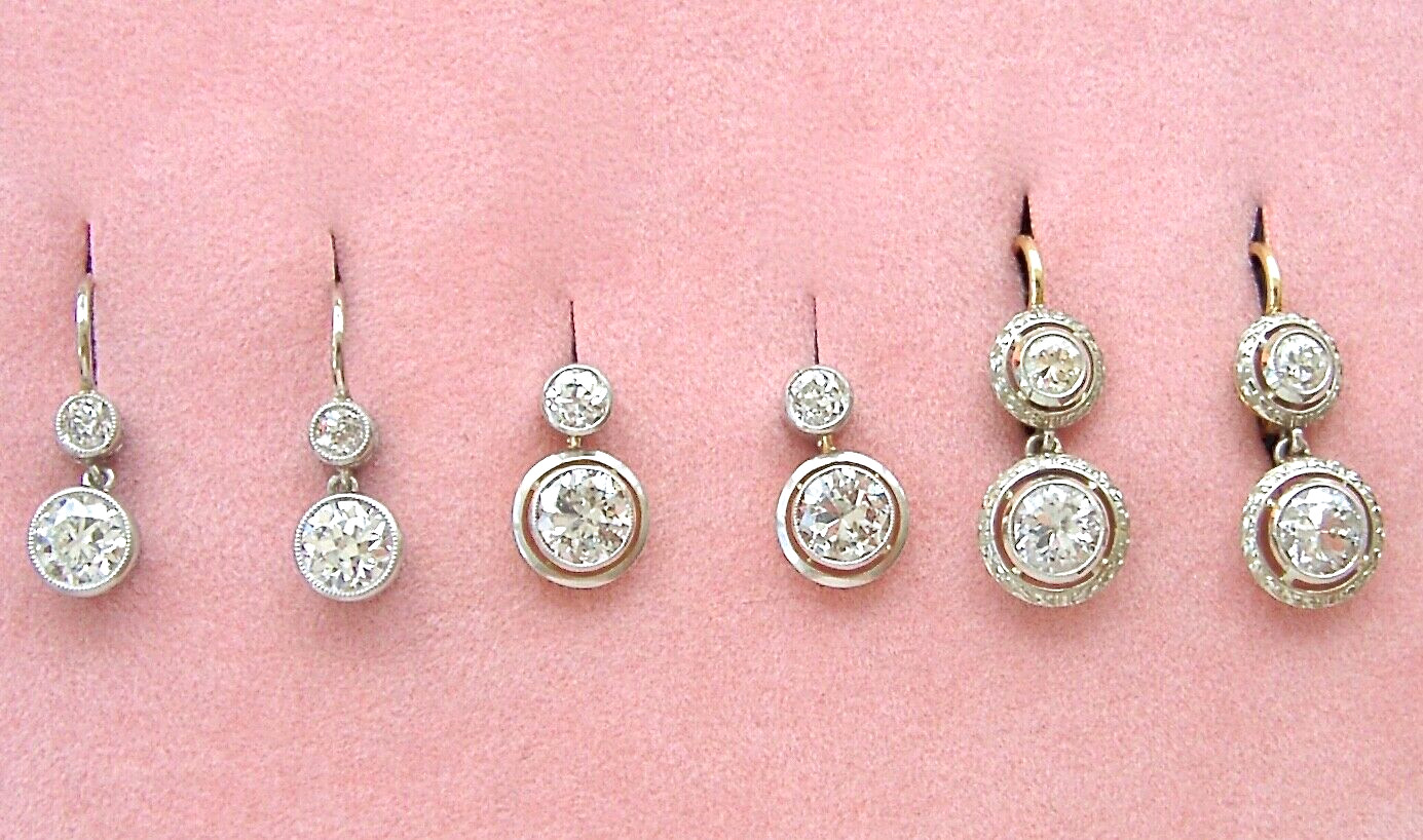 VINTAGE 1ctw DIAMOND DROP 2-STONE PLATINUM SHORT DANGLE COCKTAIL EARRINGS 1950