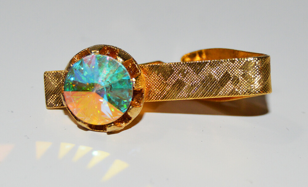 VTG MCM STACY Gold Tone Iridescent Rainbow Rhinestone Cuff Links / Tie Clip Set