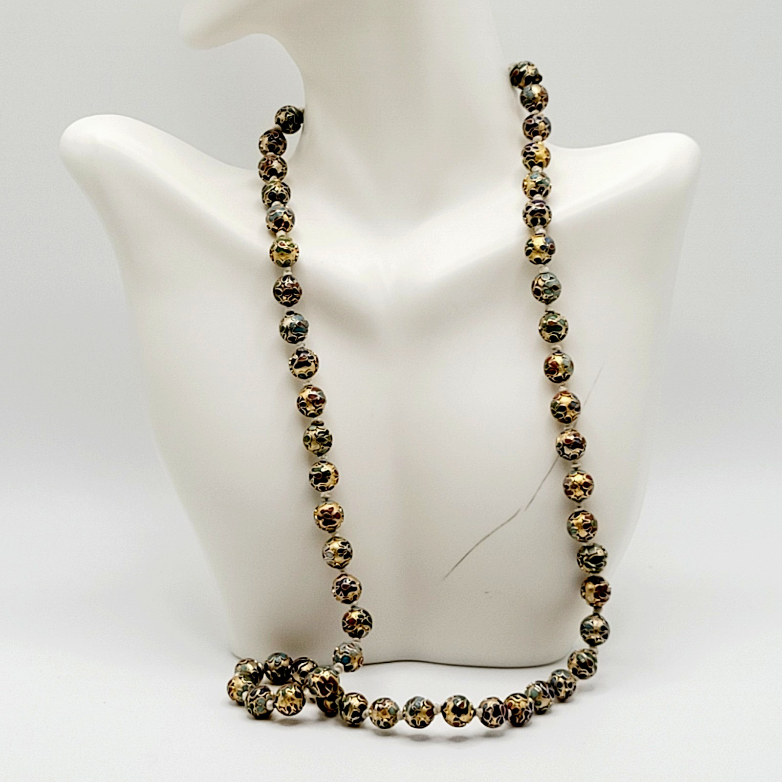 Chinese Cloisonné Floral Bead Hand Knot Circa 1930s Beaded Necklace 23 Inch