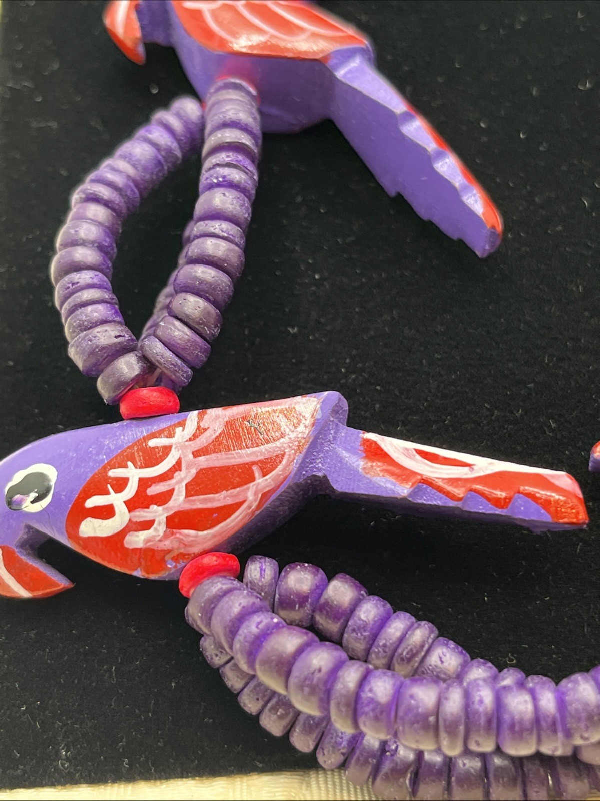 Tropical Tiki Parrot Necklace Wooden Carved Beads Colorful Birds Purple Earrings