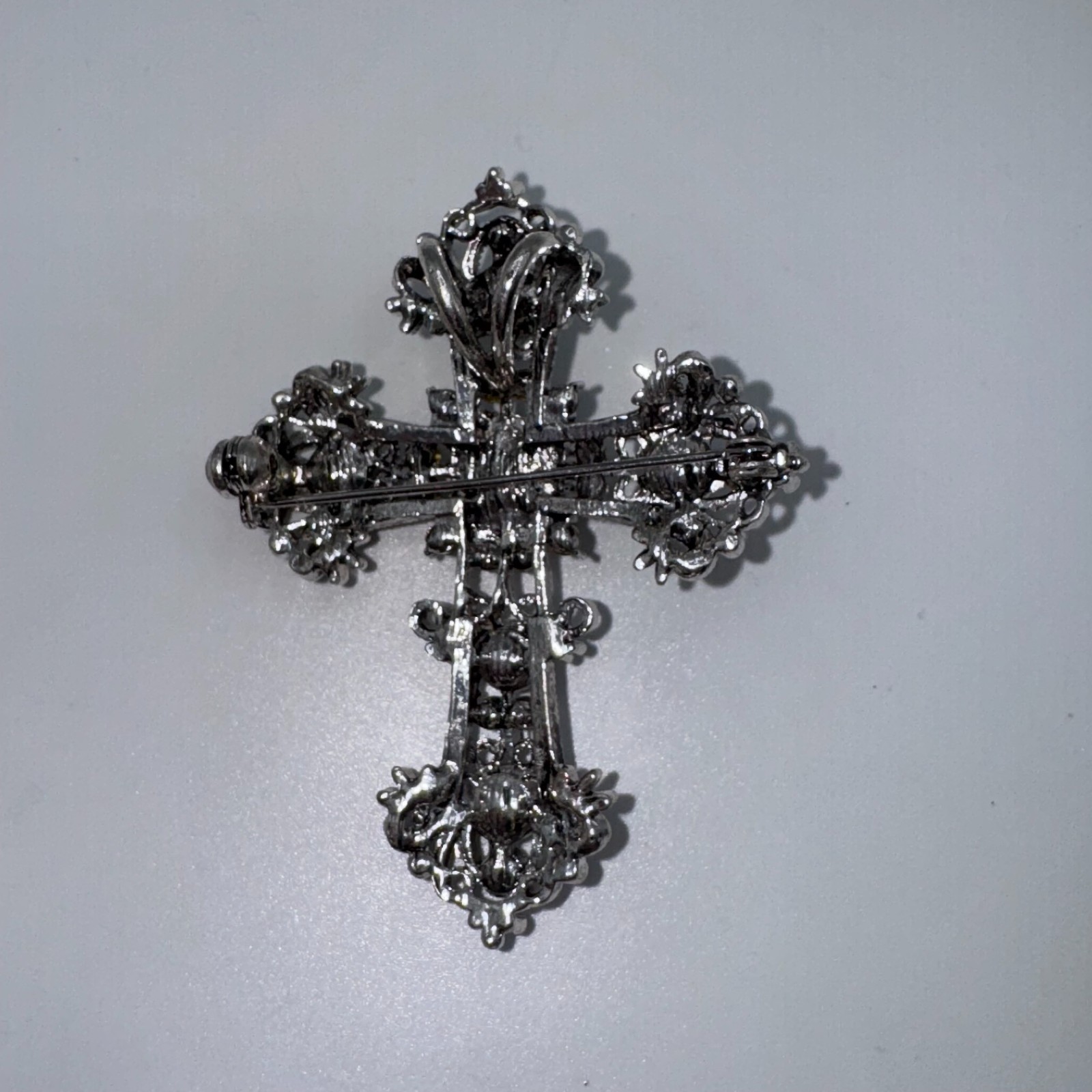 VTG Filigree Cross Brooch Pin Aurora Borealis Rhinestone Silver Tone Religious