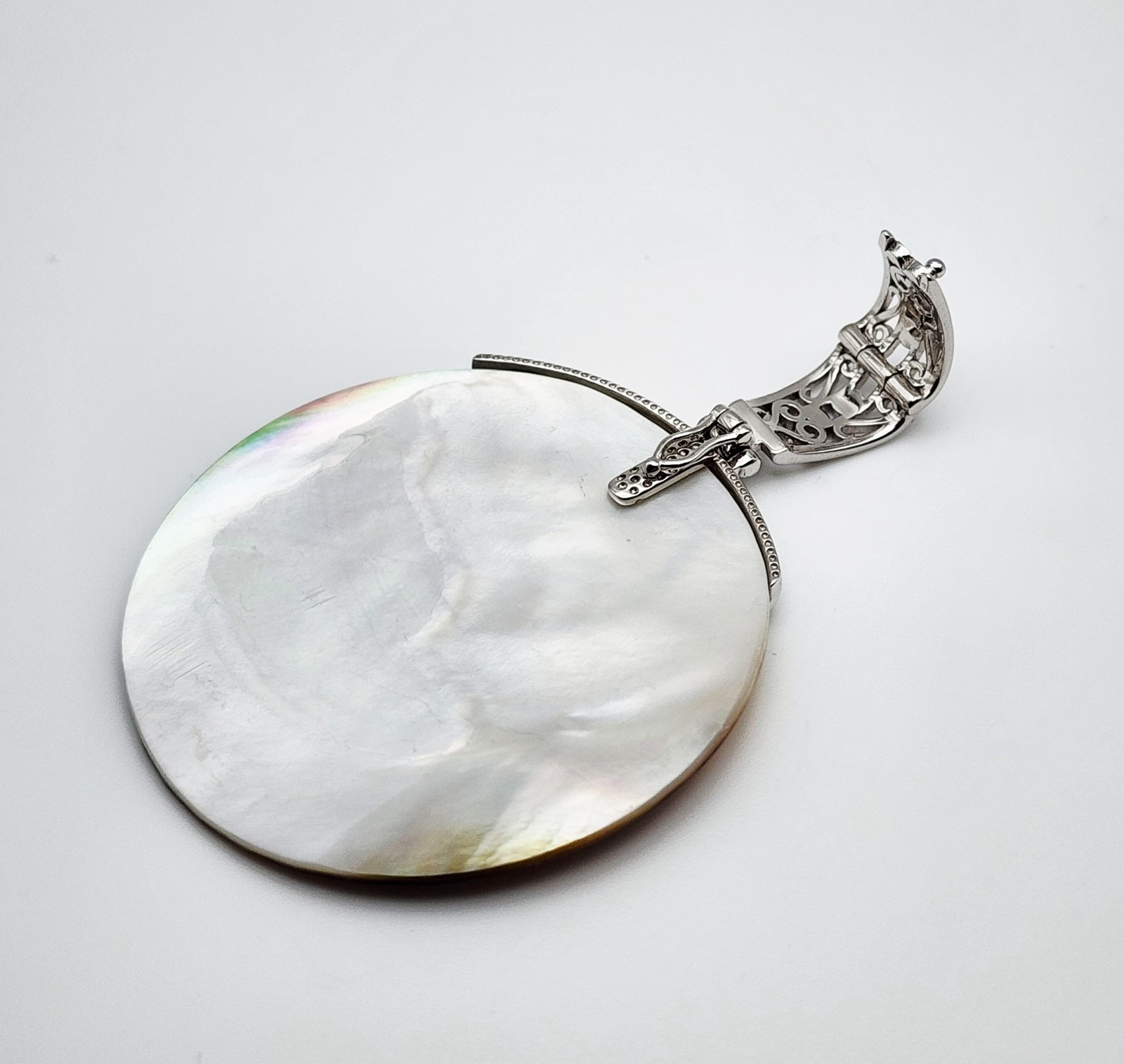 BBJ Vintage Sterling Silver Abalone Shell Scrollwork Pendant w/Hinged Bail